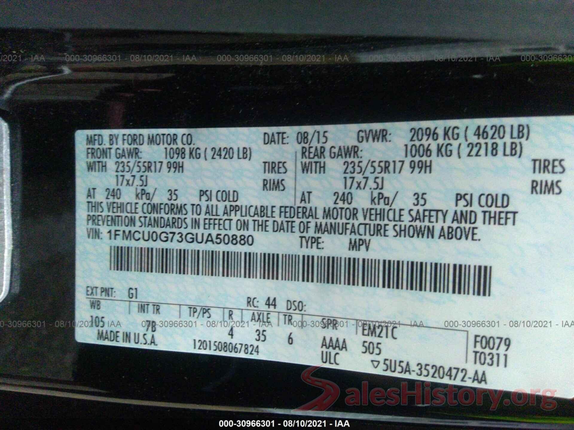 1FMCU0G73GUA50880 2016 FORD ESCAPE