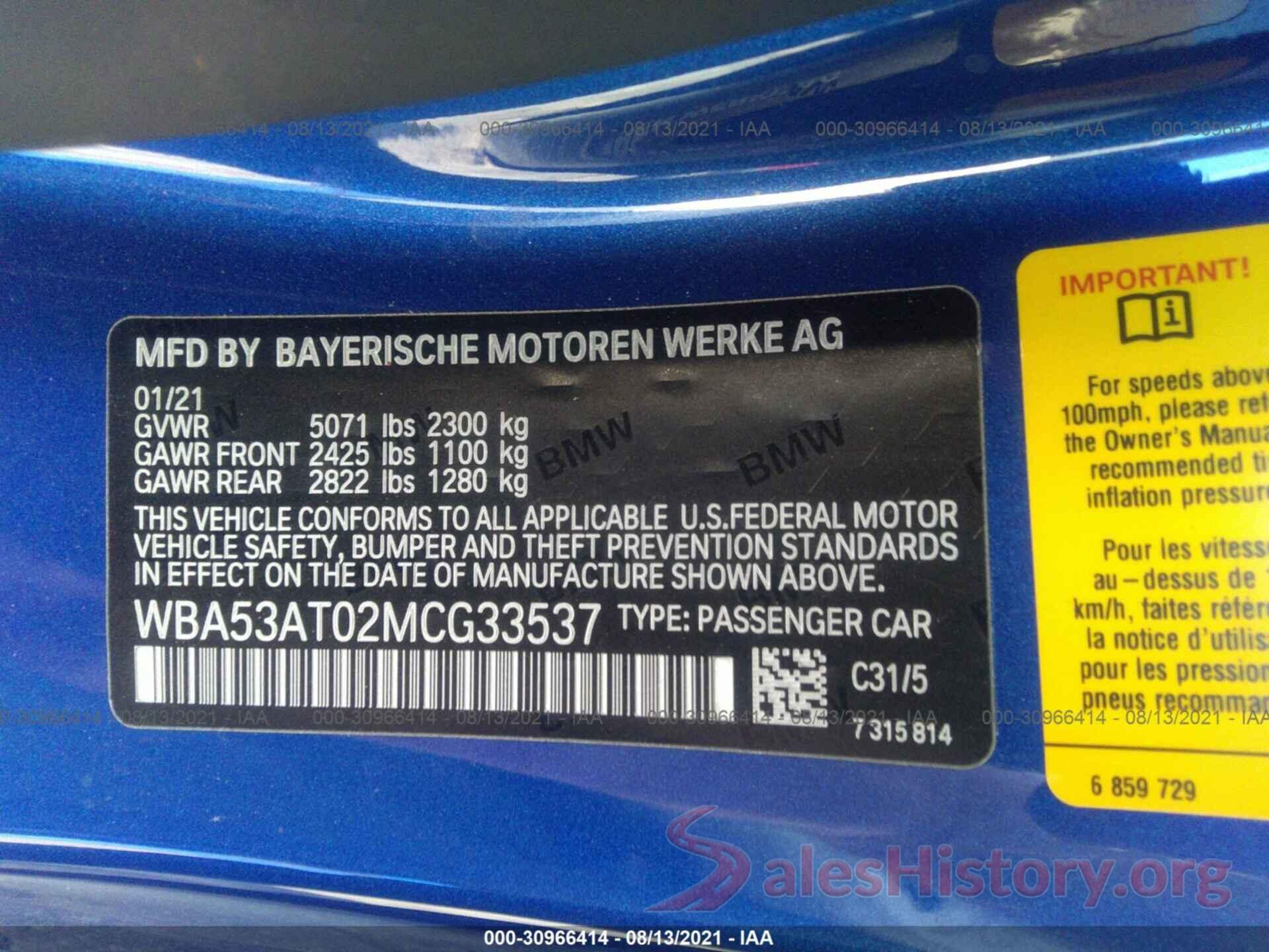 WBA53AT02MCG33537 2021 BMW 4 SERIES