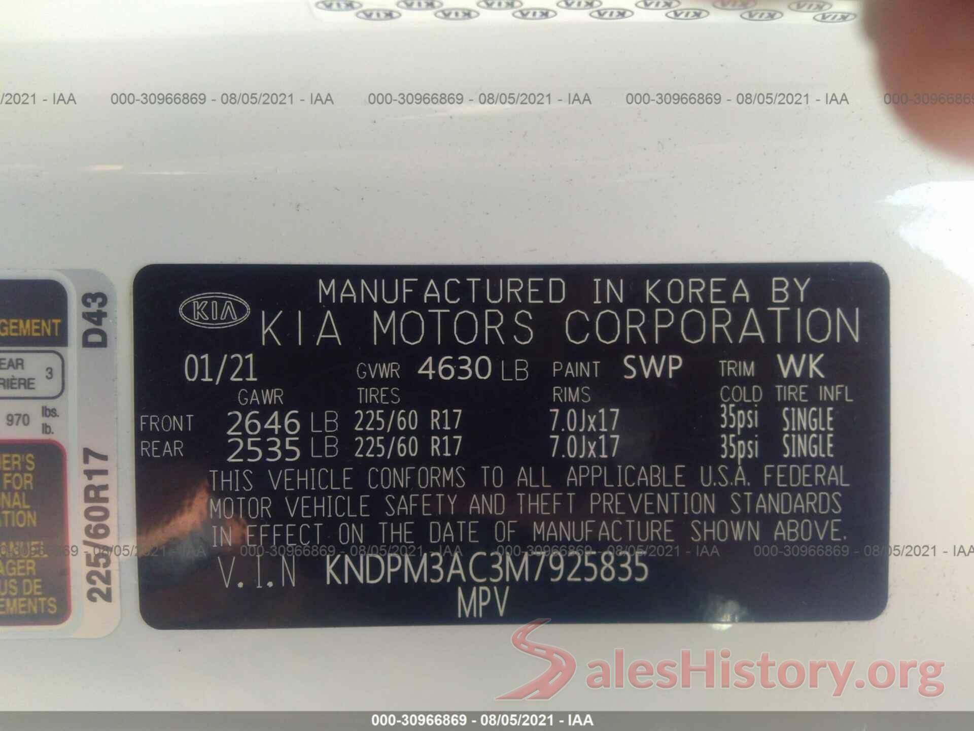 KNDPM3AC3M7925835 2021 KIA SPORTAGE