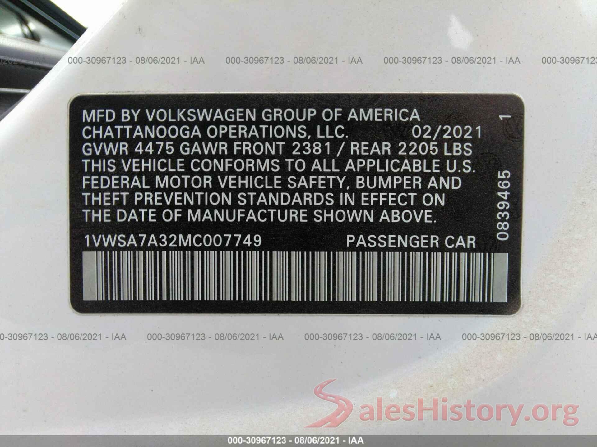 1VWSA7A32MC007749 2021 VOLKSWAGEN PASSAT