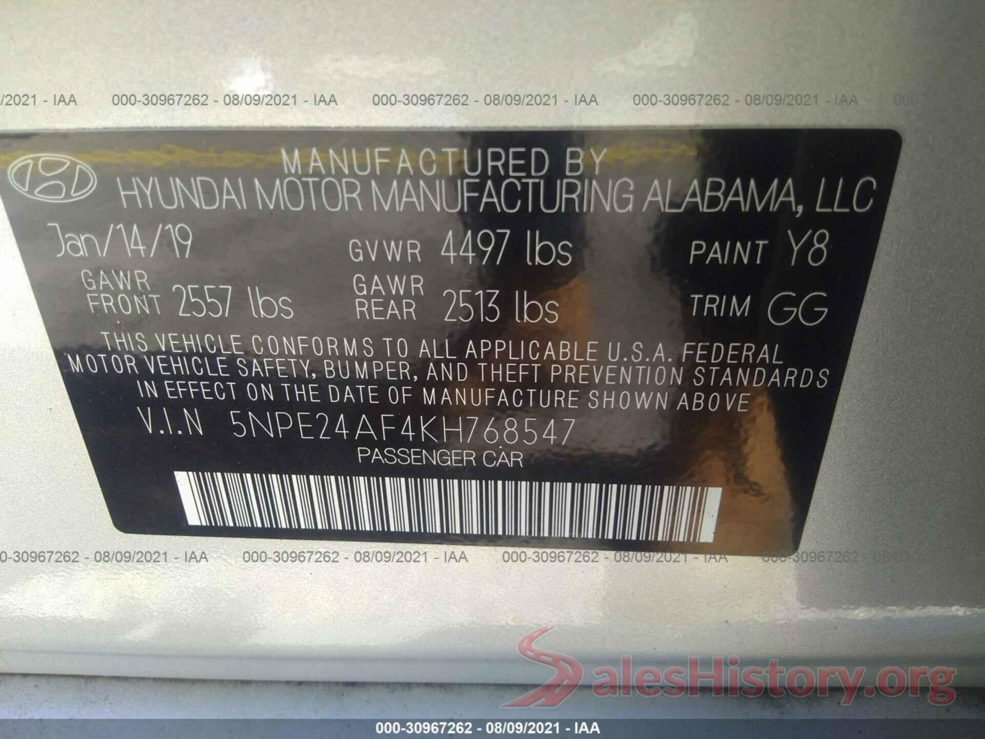 5NPE24AF4KH768547 2019 HYUNDAI SONATA