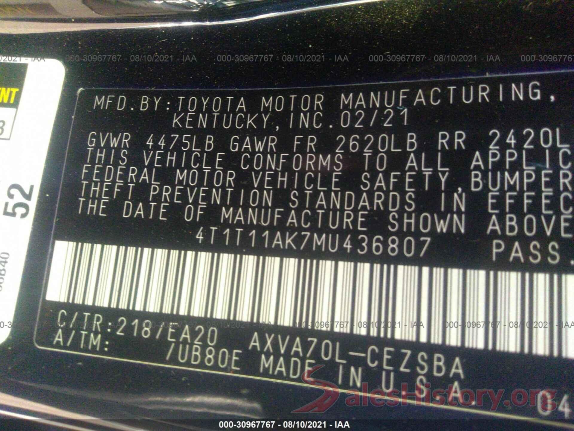 4T1T11AK7MU436807 2021 TOYOTA CAMRY