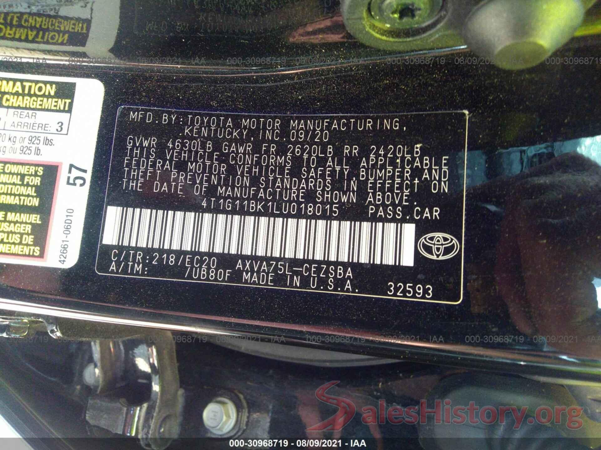 4T1G11BK1LU018015 2020 TOYOTA CAMRY