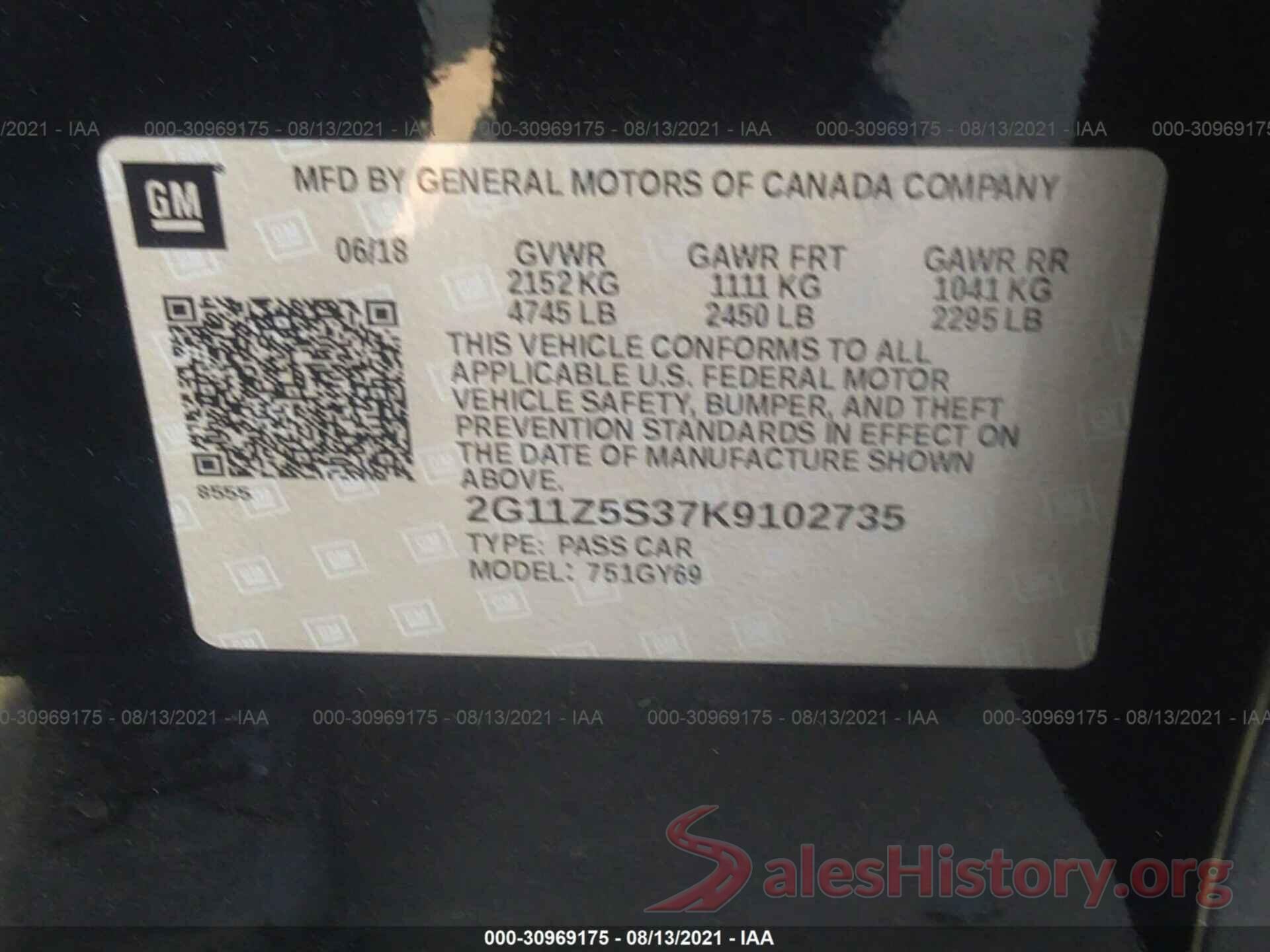 2G11Z5S37K9102735 2019 CHEVROLET IMPALA