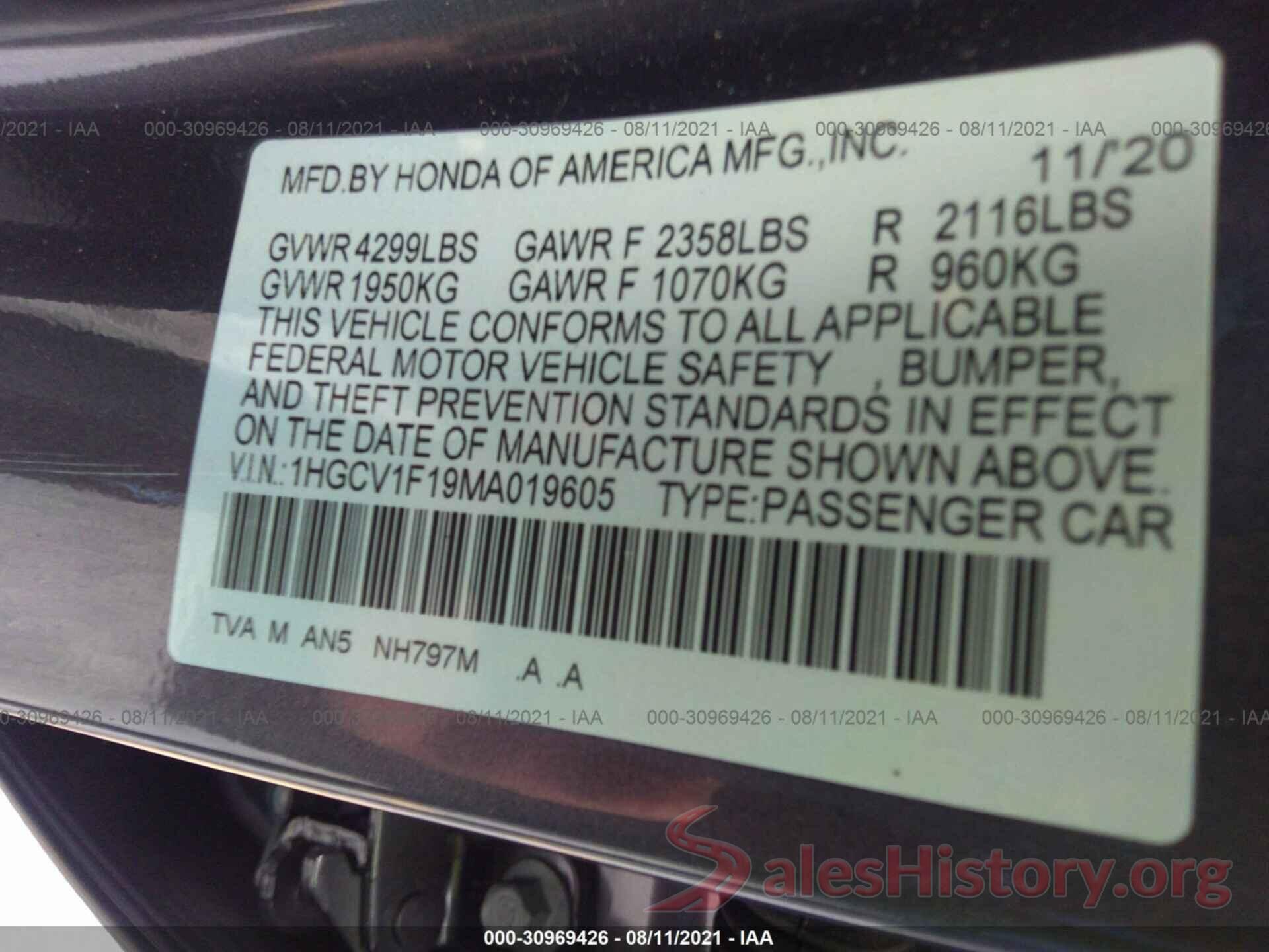 1HGCV1F19MA019605 2021 HONDA ACCORD SEDAN