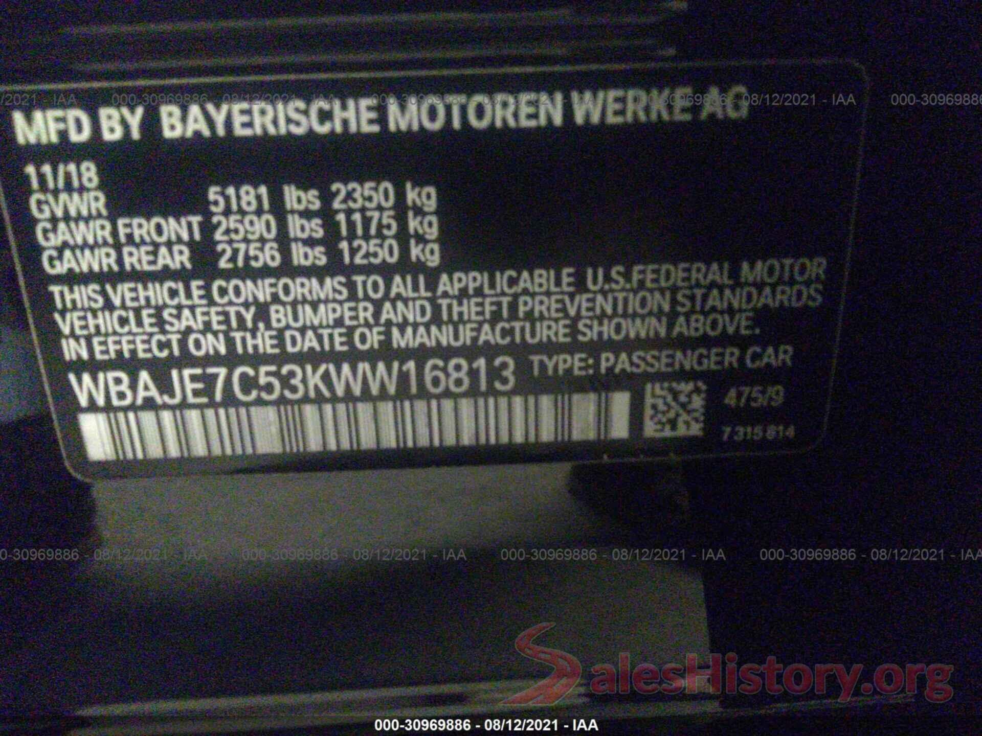 WBAJE7C53KWW16813 2019 BMW 5 SERIES