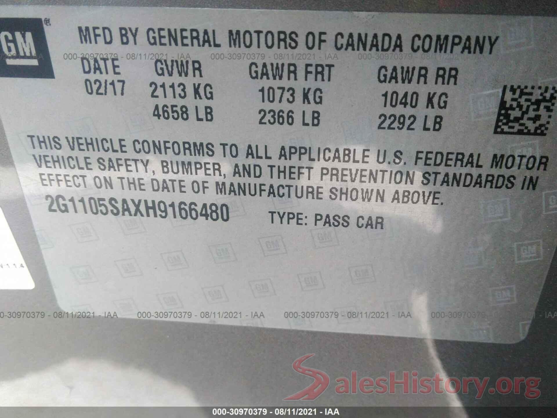 2G1105SAXH9166480 2017 CHEVROLET IMPALA