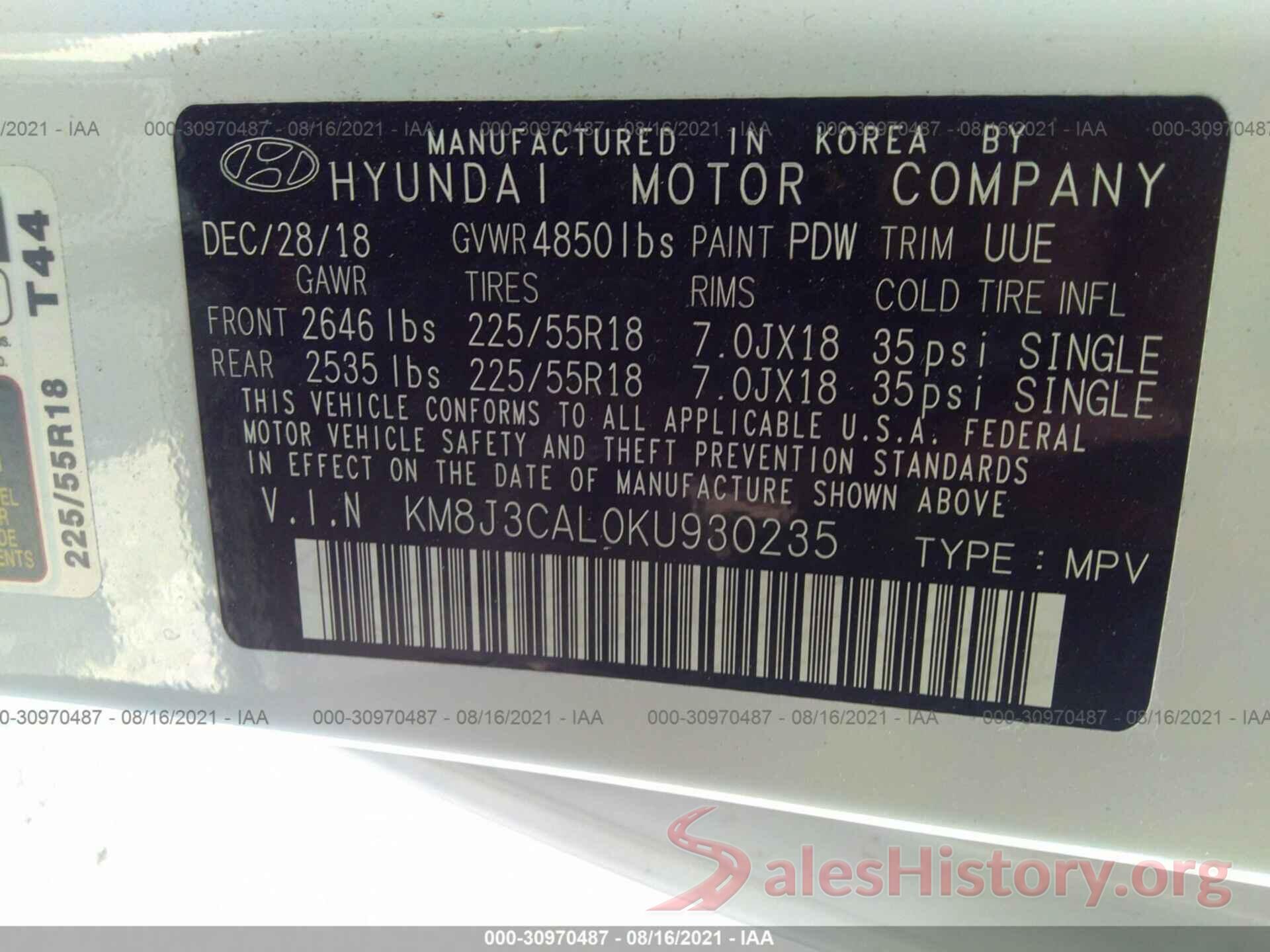 KM8J3CAL0KU930235 2019 HYUNDAI TUCSON