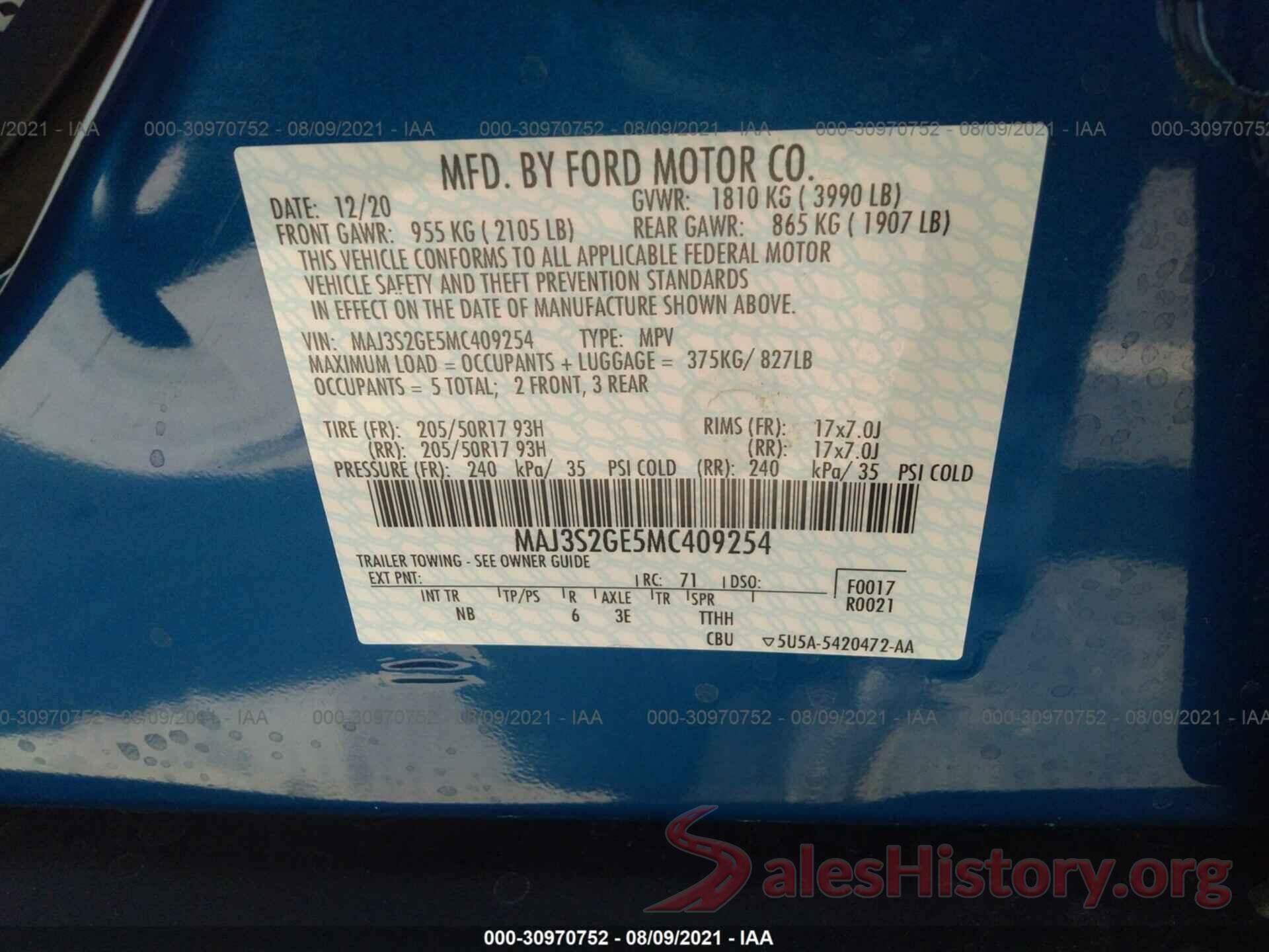 MAJ3S2GE5MC409254 2021 FORD ECOSPORT