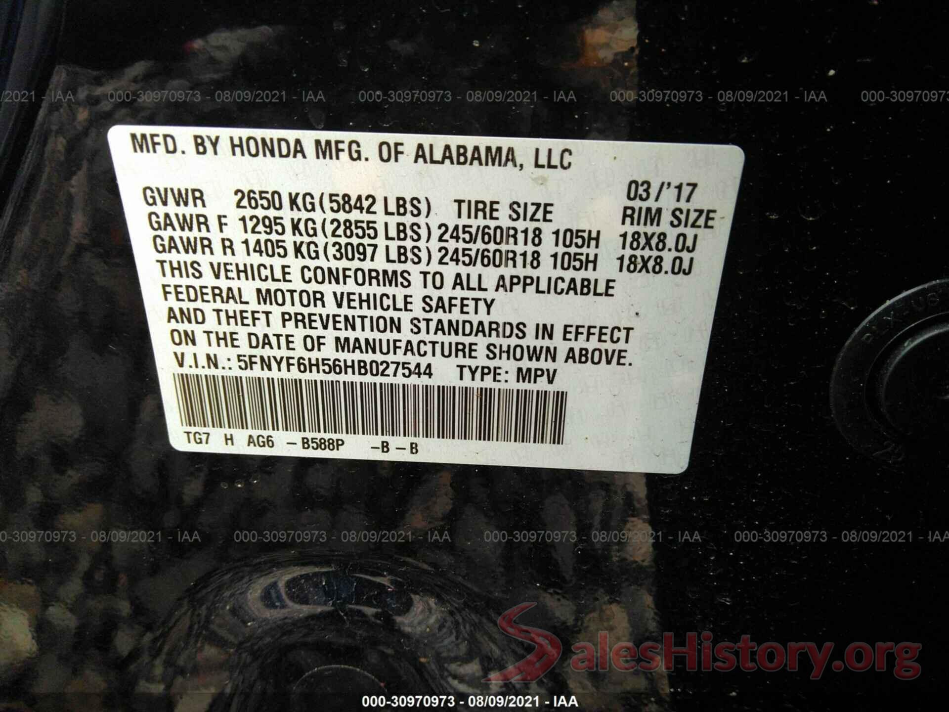 5FNYF6H56HB027544 2017 HONDA PILOT