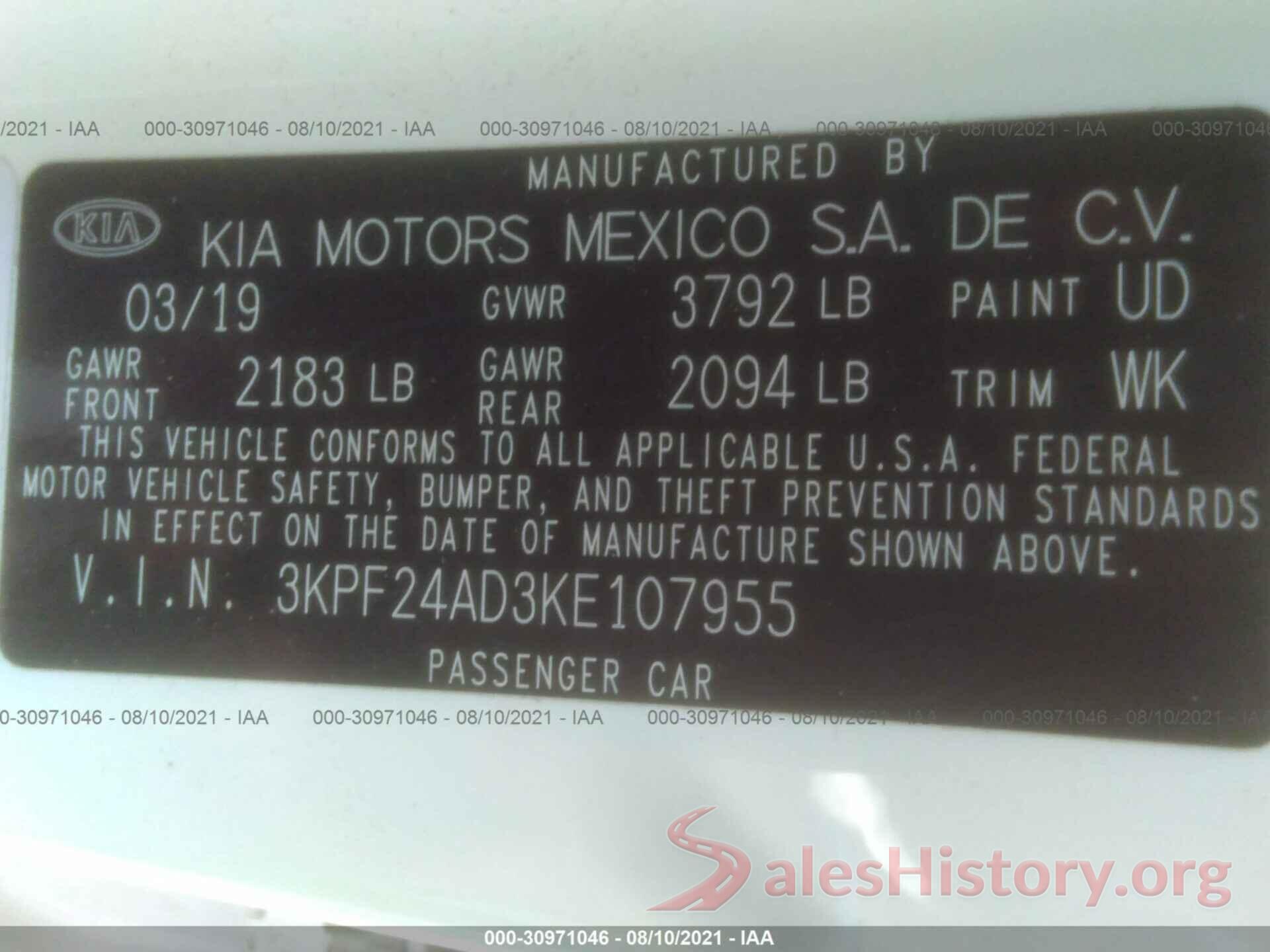 3KPF24AD3KE107955 2019 KIA FORTE