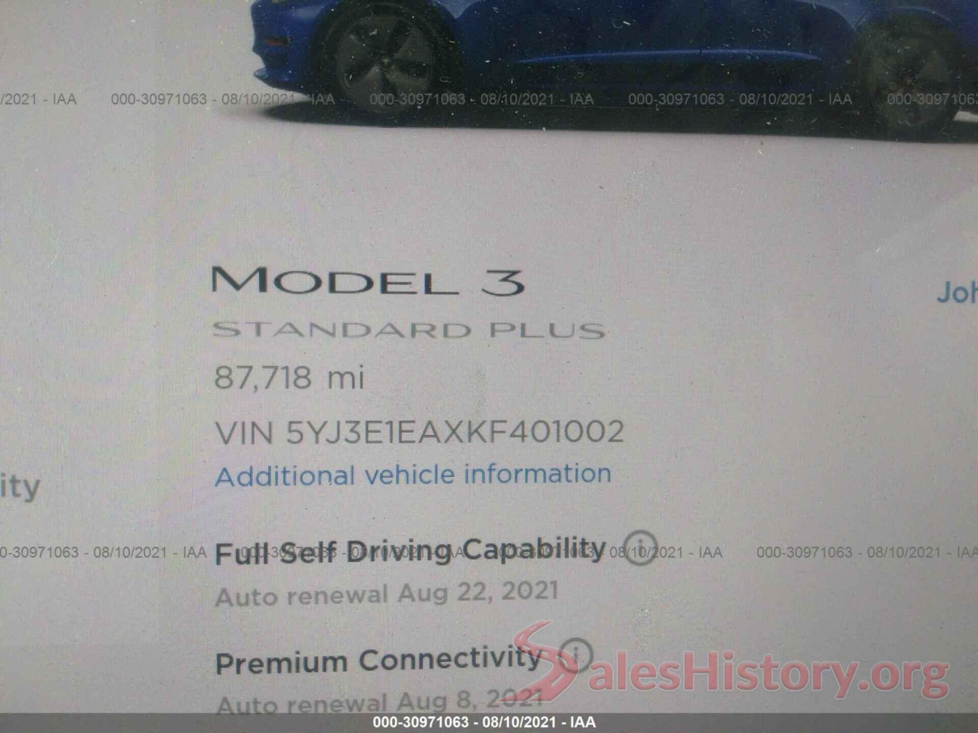 5YJ3E1EAXKF401002 2019 TESLA MODEL 3