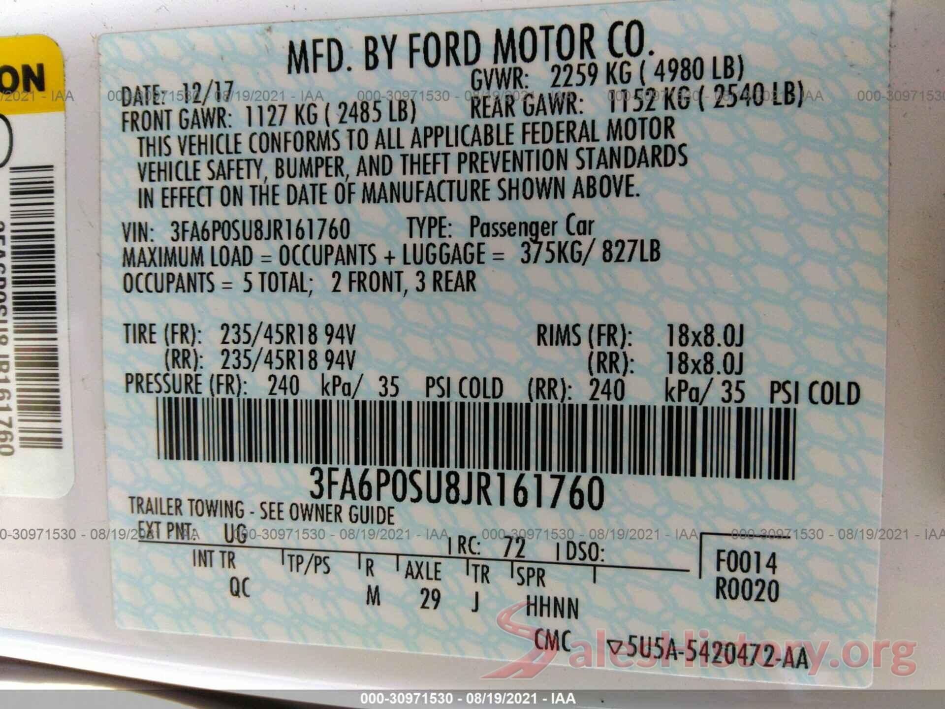 3FA6P0SU8JR161760 2018 FORD FUSION ENERGI