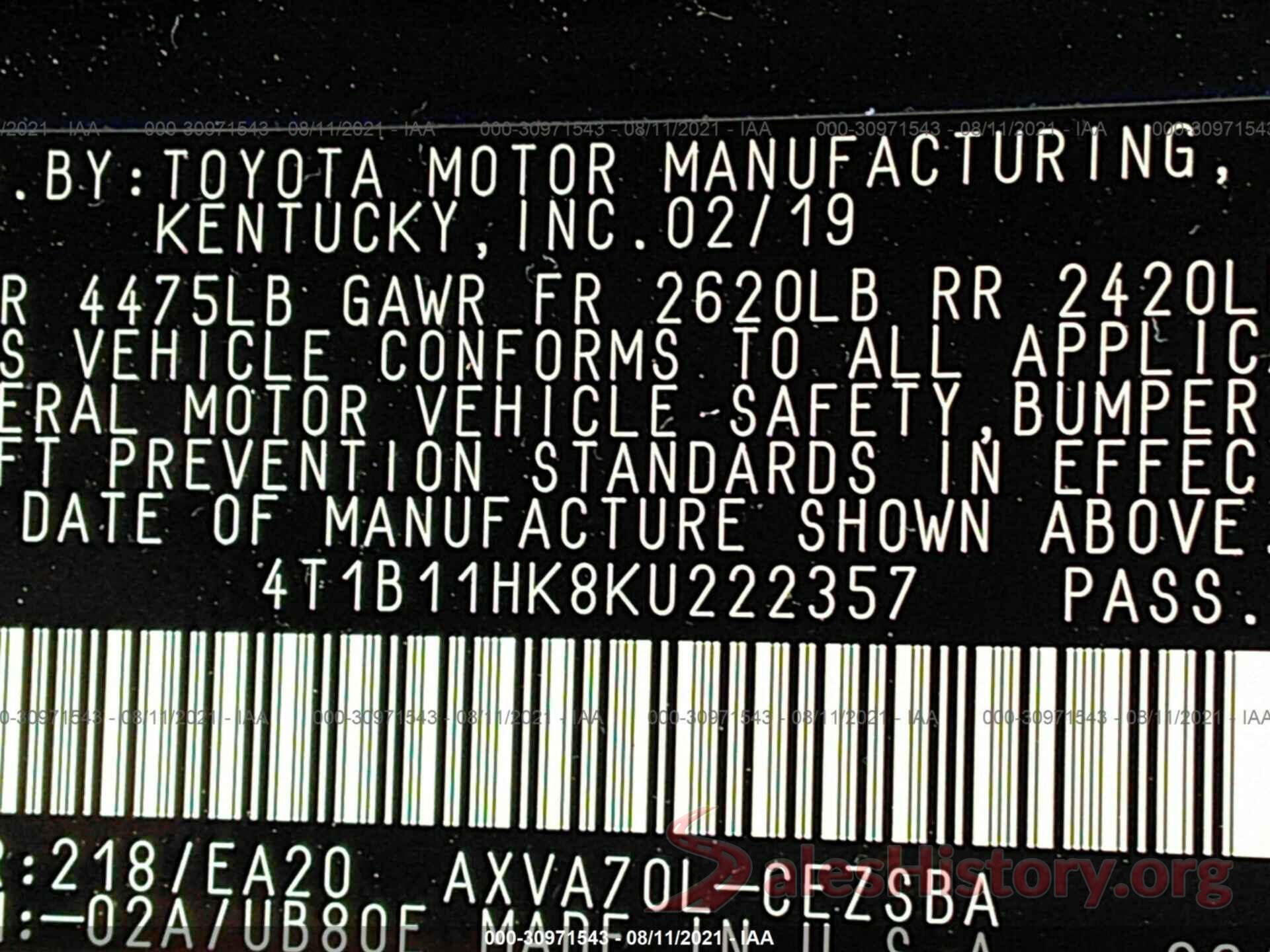 4T1B11HK8KU222357 2019 TOYOTA CAMRY