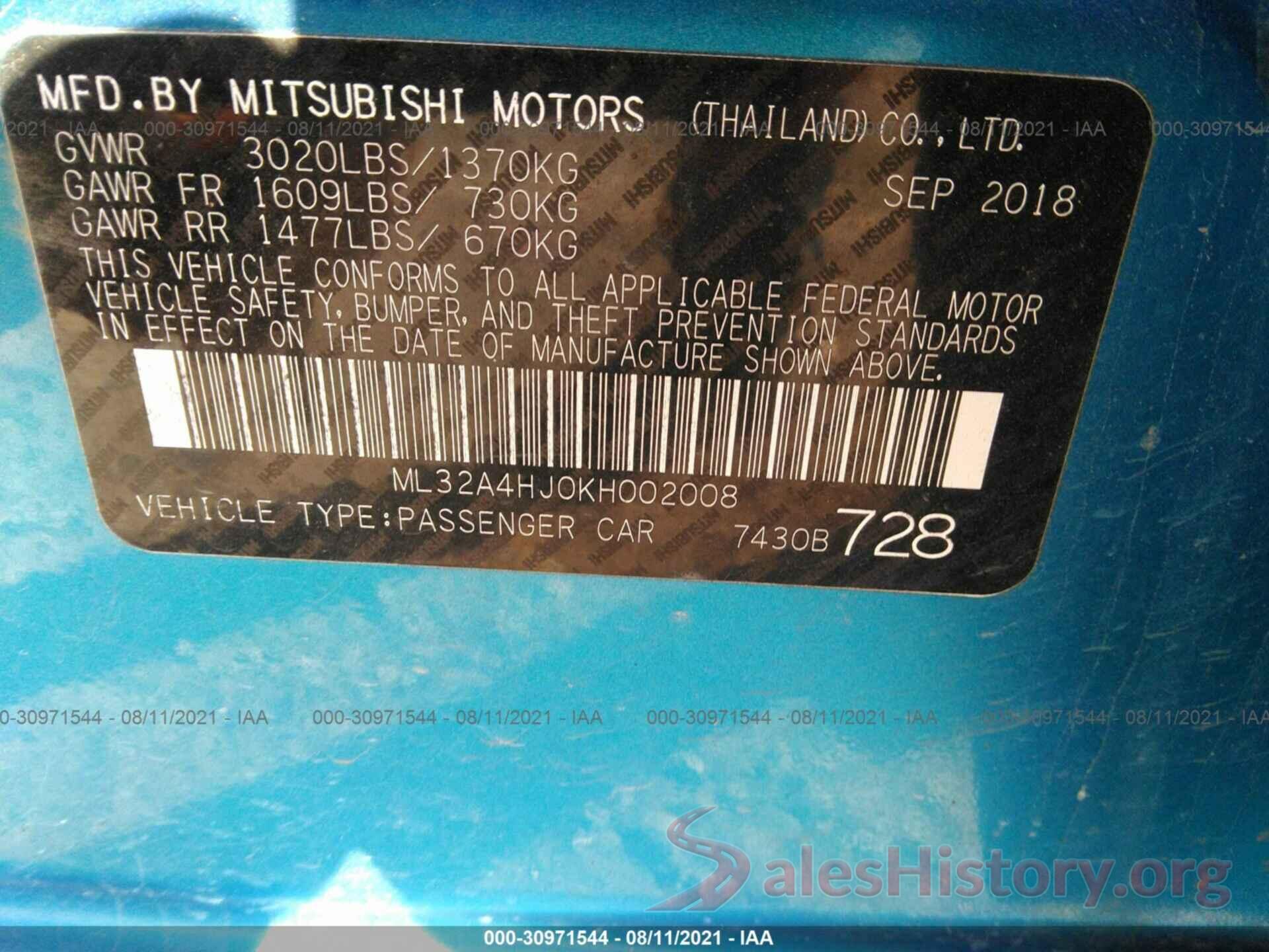 ML32A4HJ0KH002008 2019 MITSUBISHI MIRAGE