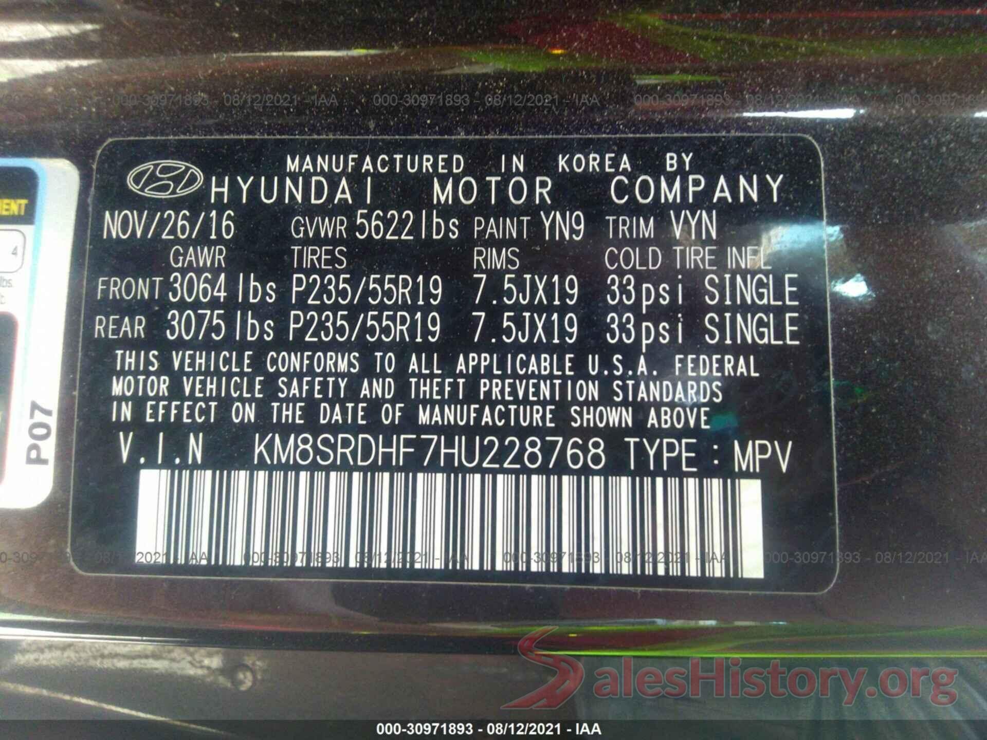 KM8SRDHF7HU228768 2017 HYUNDAI SANTA FE