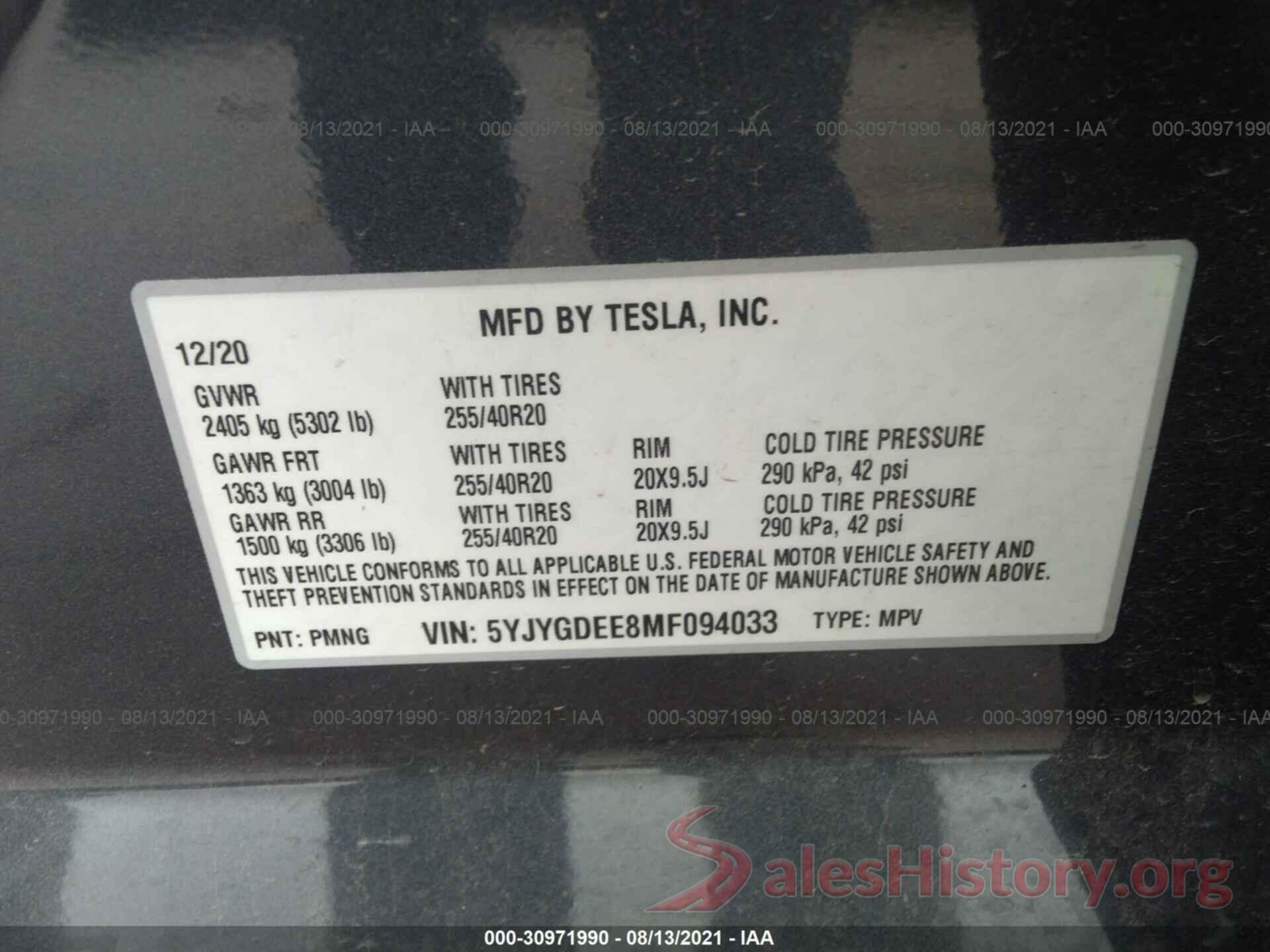 5YJYGDEE8MF094033 2021 TESLA MODEL Y