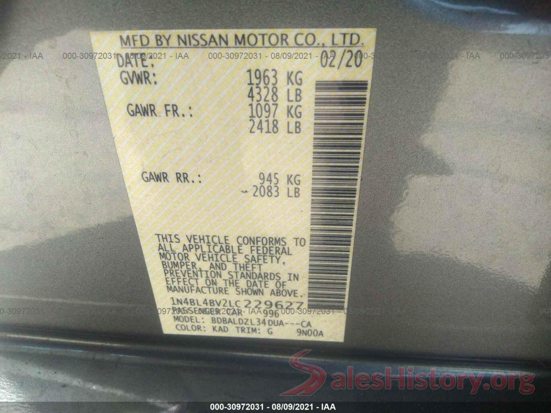 1N4BL4BV2LC229627 2020 NISSAN ALTIMA