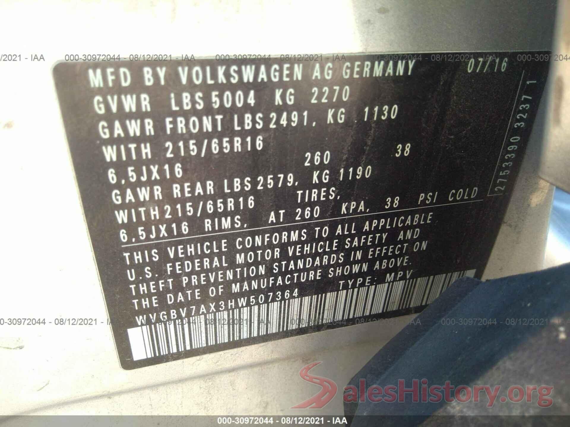 WVGBV7AX3HW507364 2017 VOLKSWAGEN TIGUAN