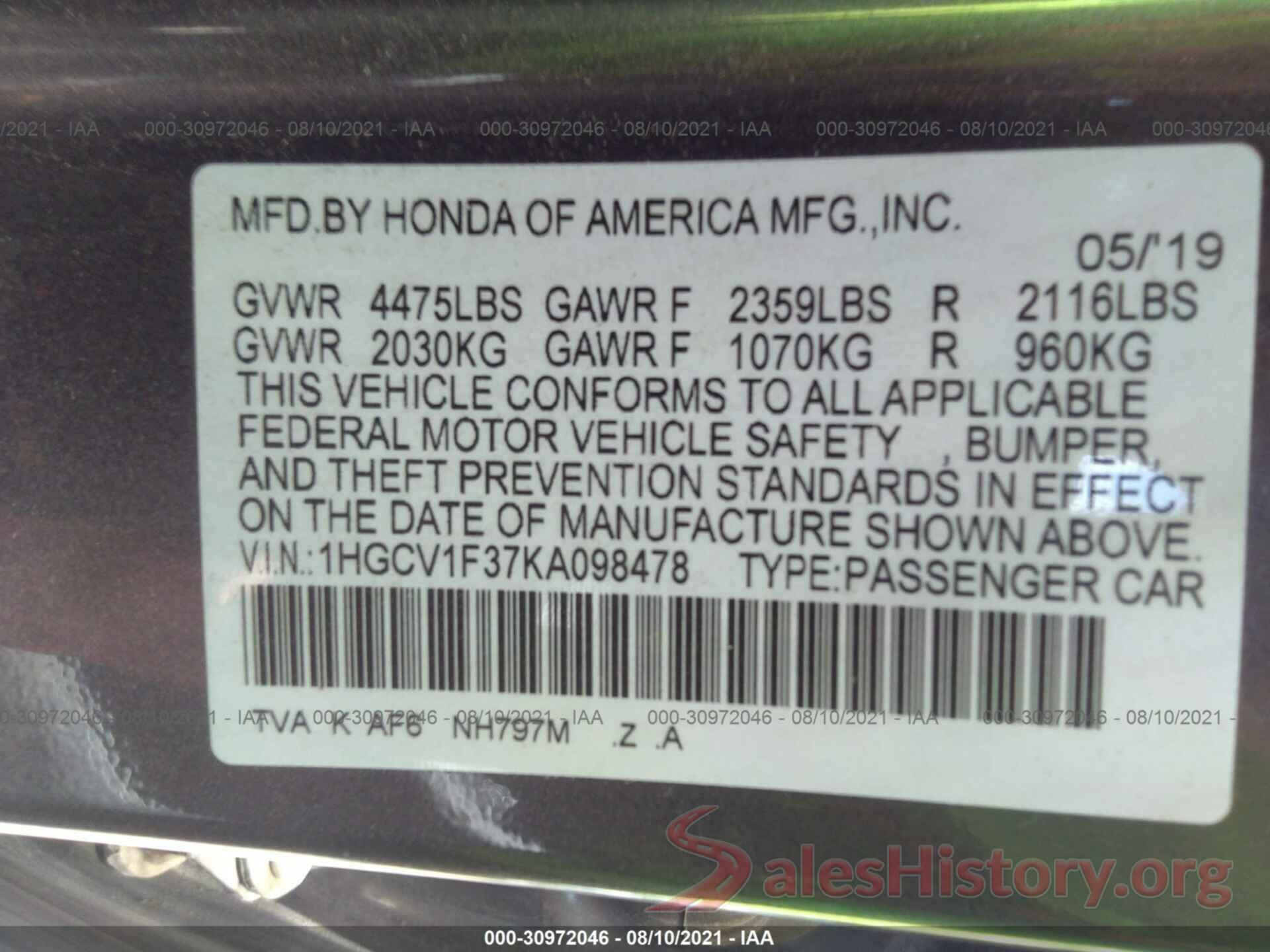 1HGCV1F37KA098478 2019 HONDA ACCORD SEDAN