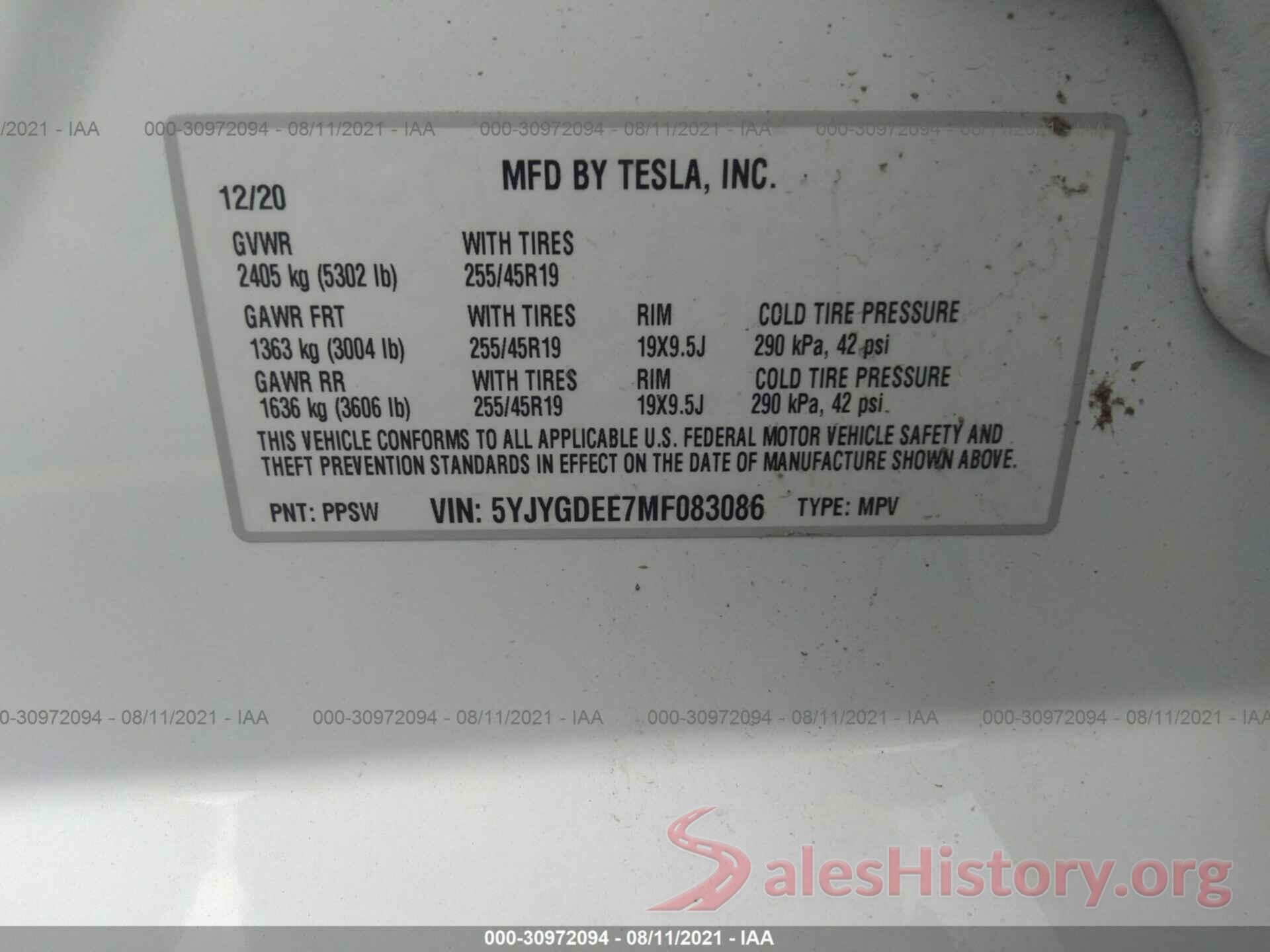 5YJYGDEE7MF083086 2021 TESLA MODEL Y