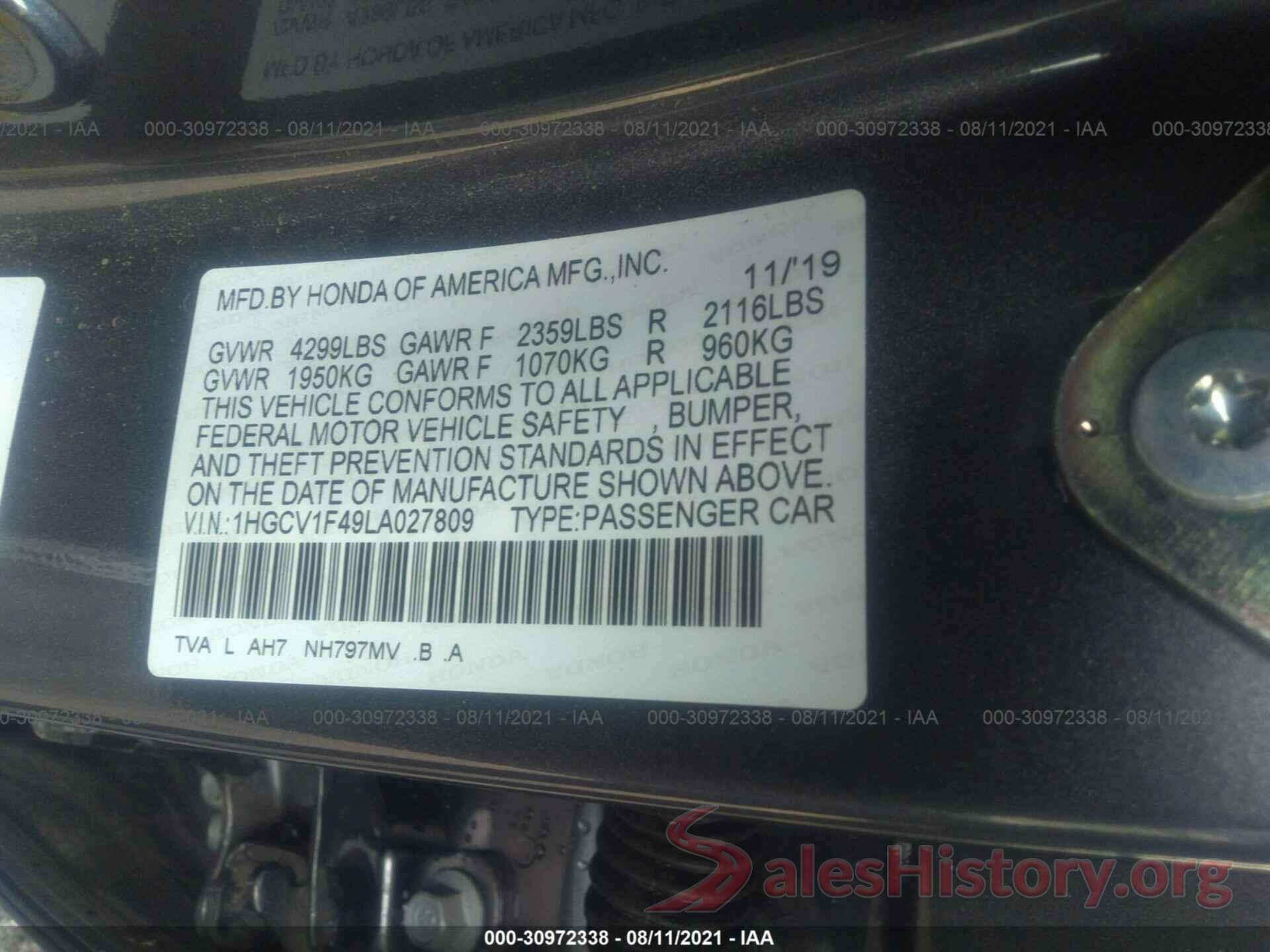 1HGCV1F49LA027809 2020 HONDA ACCORD SEDAN