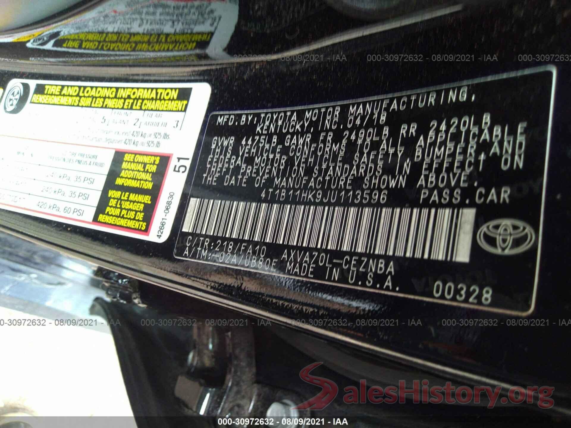 4T1B11HK9JU113596 2018 TOYOTA CAMRY