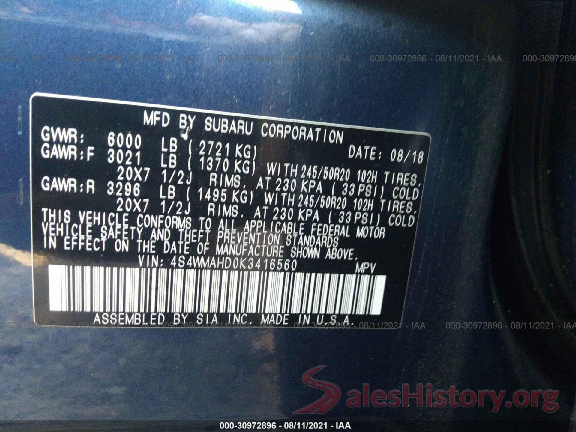 4S4WMAHD0K3416560 2019 SUBARU ASCENT