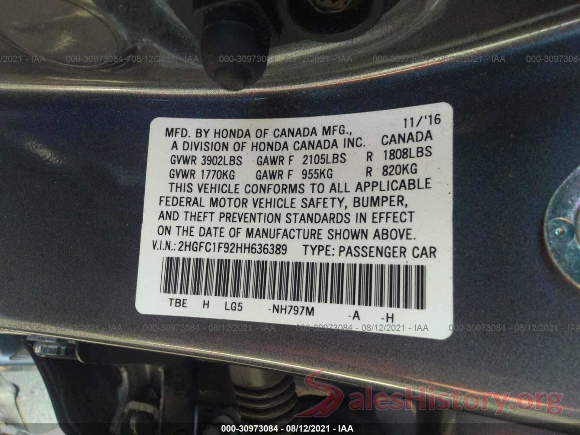 2HGFC1F92HH636389 2017 HONDA CIVIC SEDAN