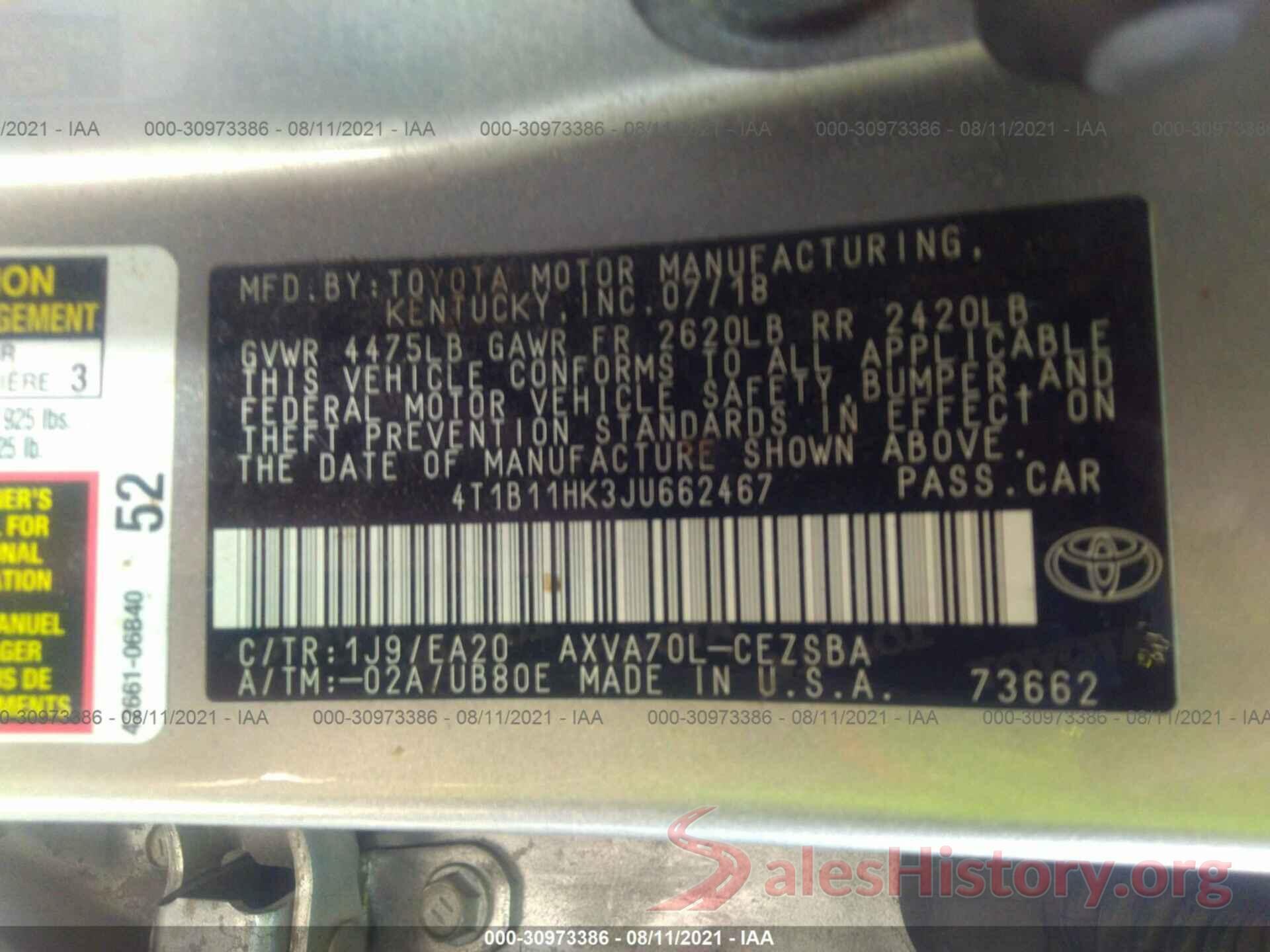 4T1B11HK3JU662467 2018 TOYOTA CAMRY