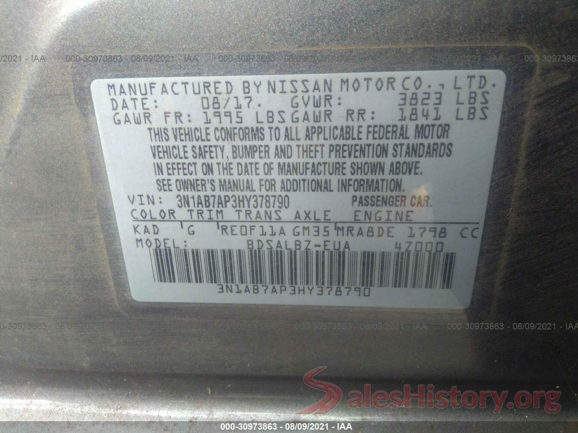 3N1AB7AP3HY378790 2017 NISSAN SENTRA