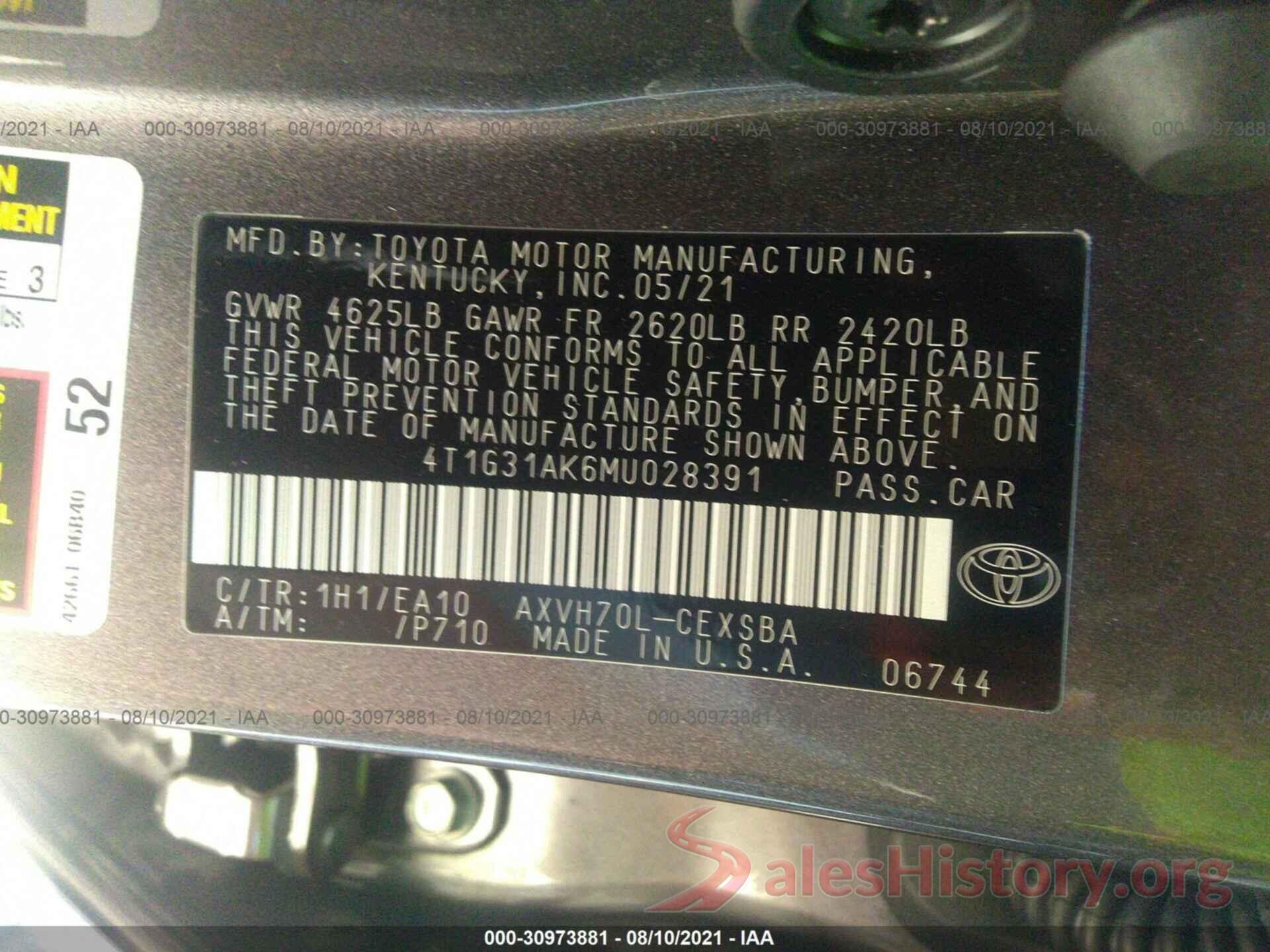 4T1G31AK6MU028391 2021 TOYOTA CAMRY