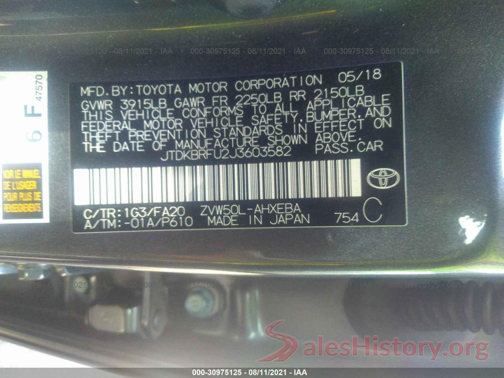 JTDKBRFU2J3603582 2018 TOYOTA PRIUS