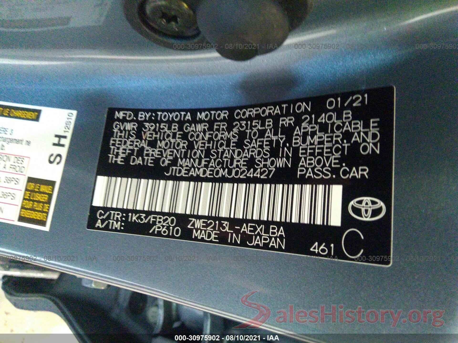 JTDEAMDE0MJ024427 2021 TOYOTA COROLLA