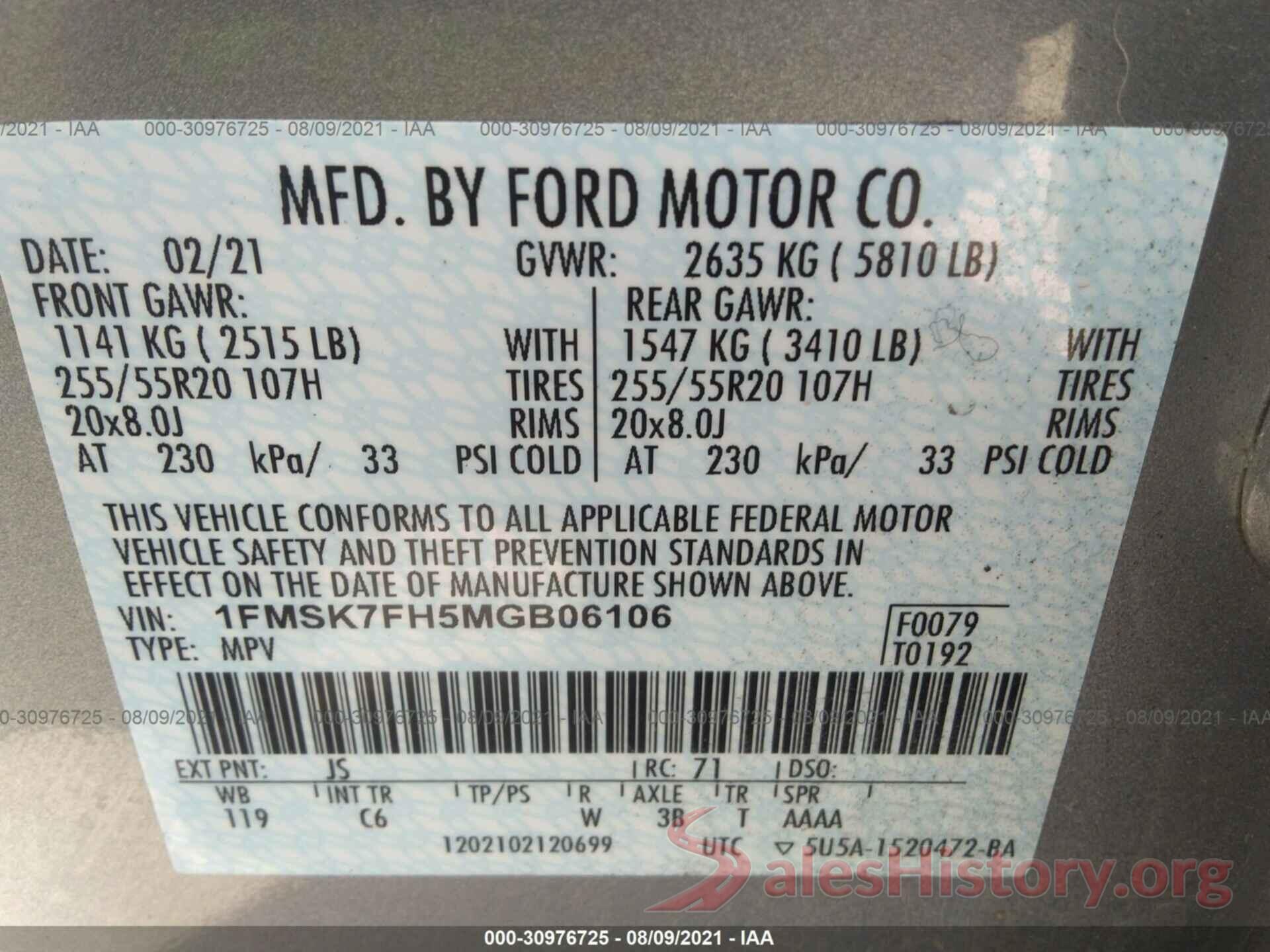 1FMSK7FH5MGB06106 2021 FORD EXPLORER