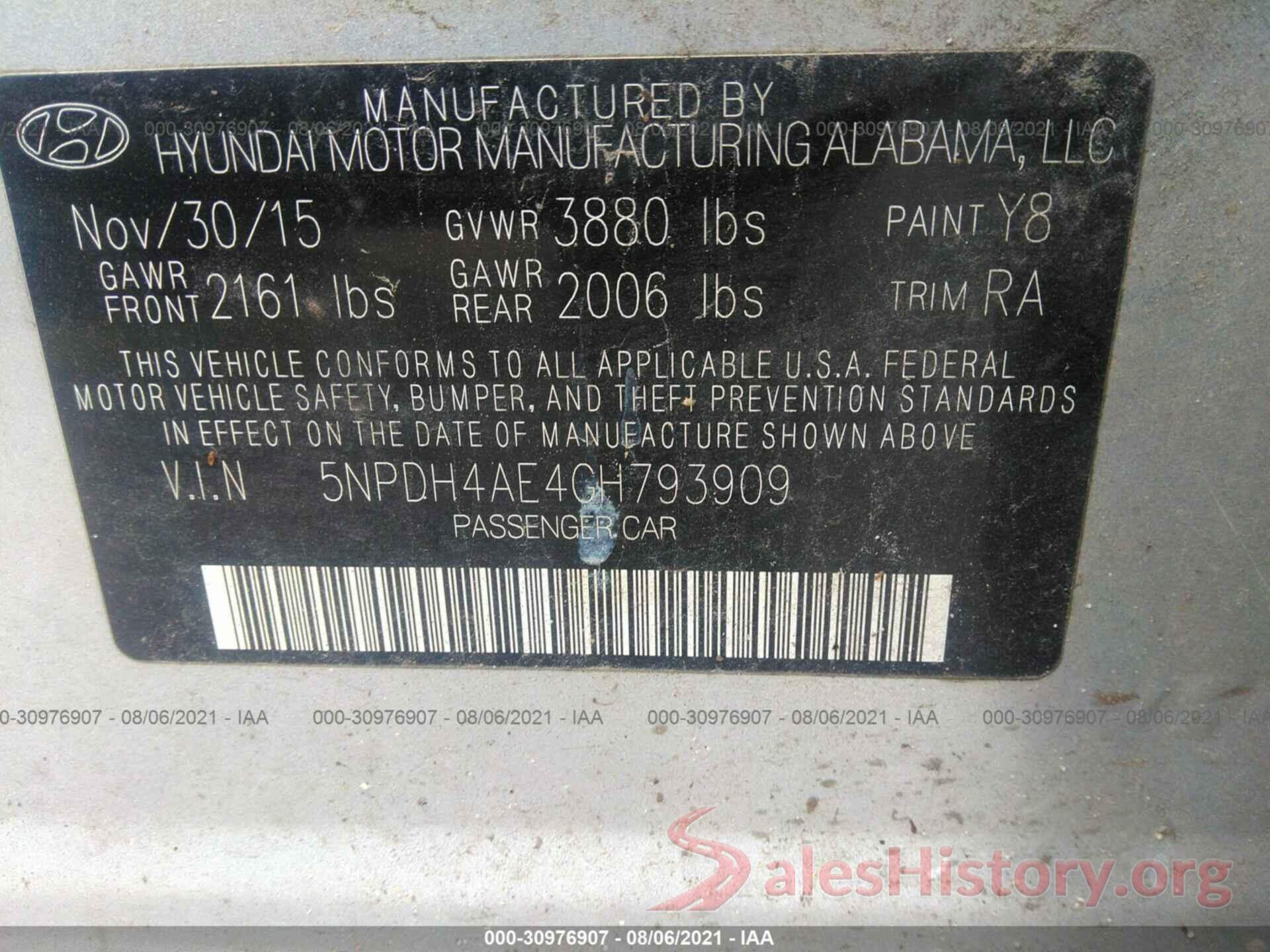 5NPDH4AE4GH793909 2016 HYUNDAI ELANTRA