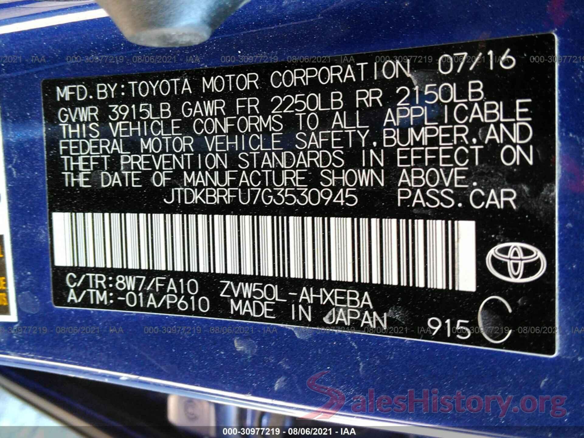 JTDKBRFU7G3530945 2016 TOYOTA PRIUS