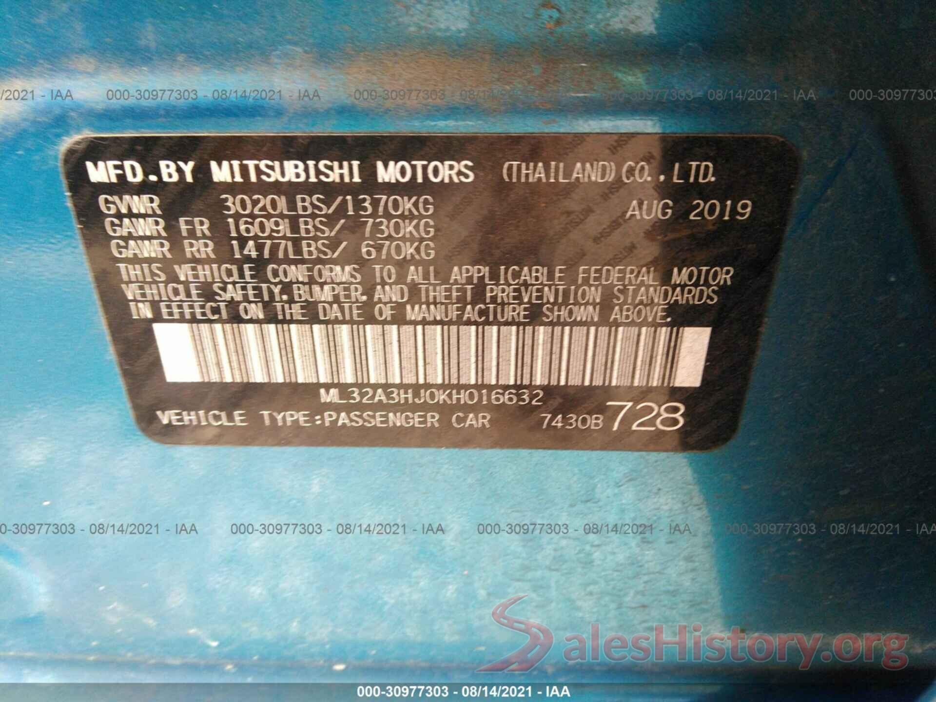 ML32A3HJ0KH016632 2019 MITSUBISHI MIRAGE