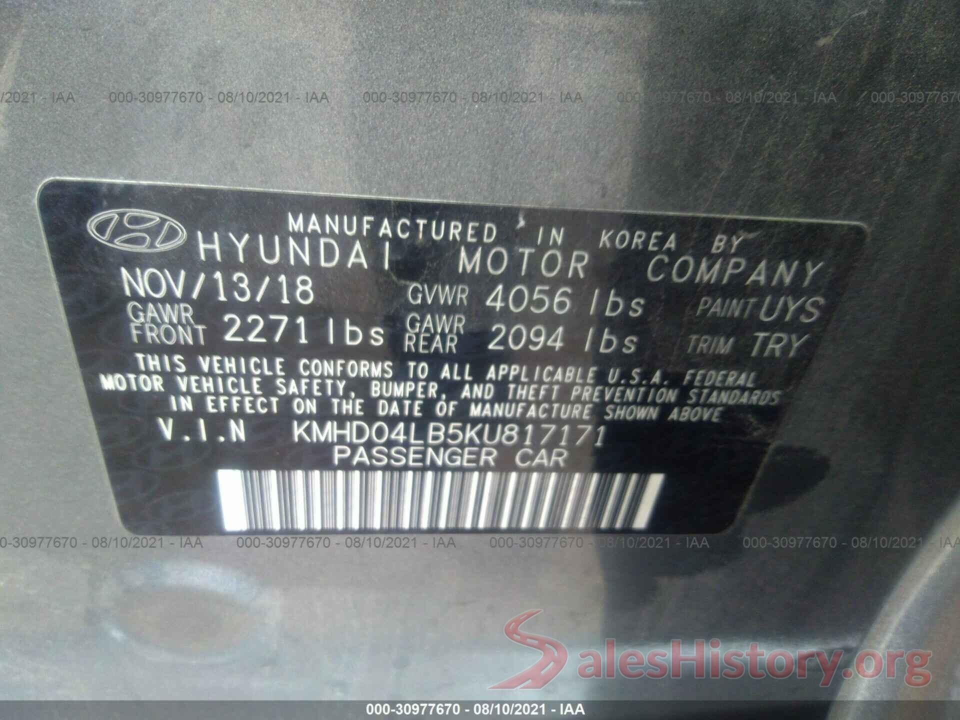 KMHD04LB5KU817171 2019 HYUNDAI ELANTRA