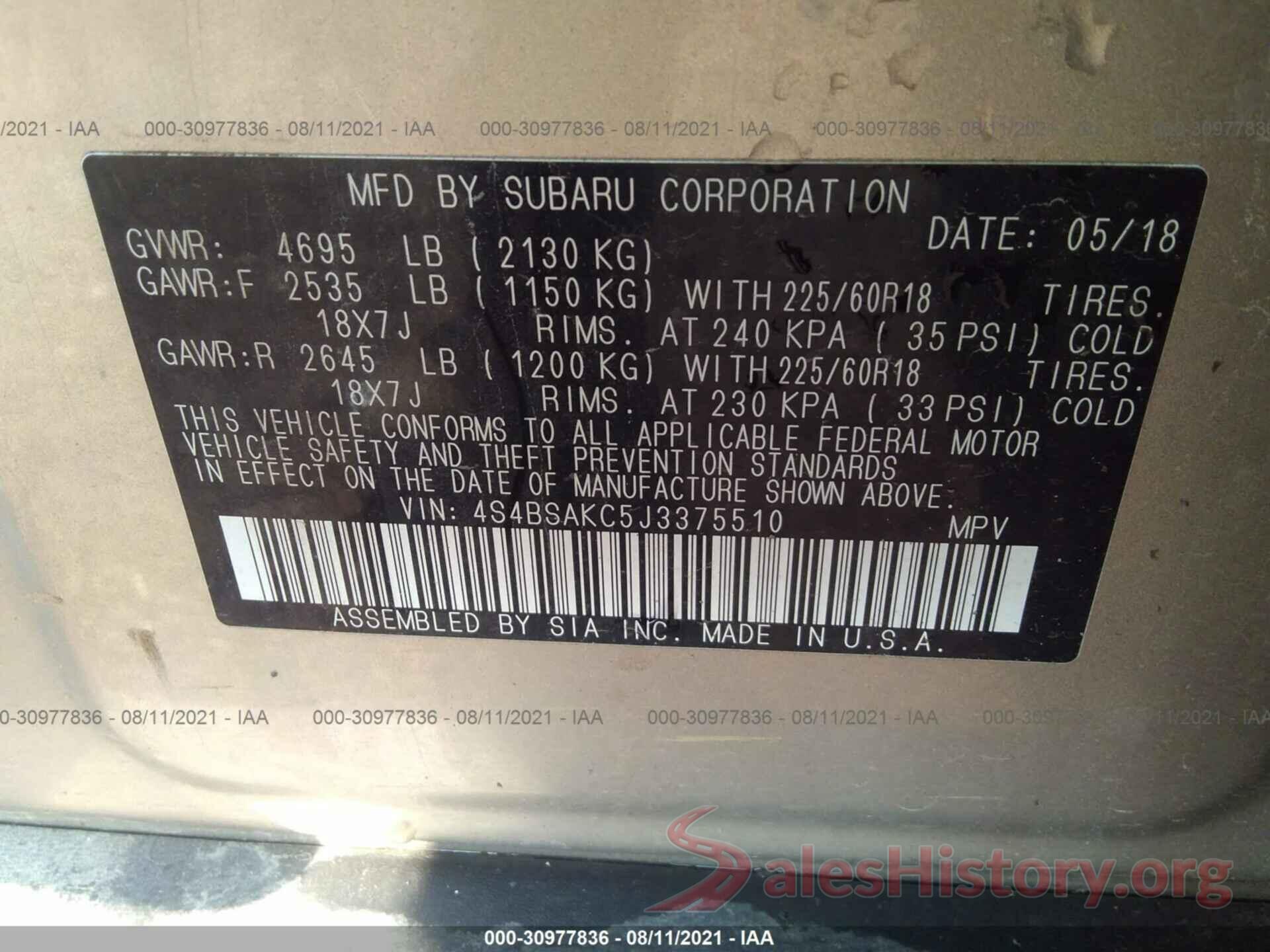 4S4BSAKC5J3375510 2018 SUBARU OUTBACK