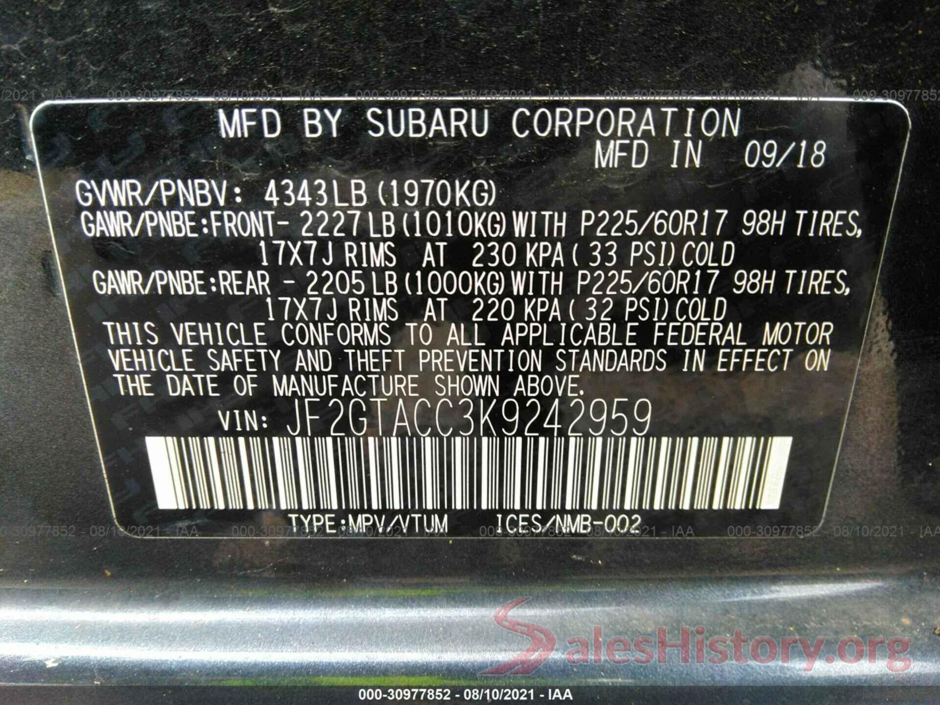 JF2GTACC3K9242959 2019 SUBARU CROSSTREK