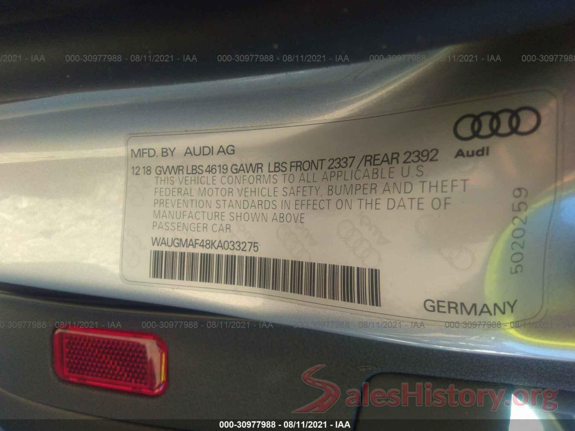 WAUGMAF48KA033275 2019 AUDI A4