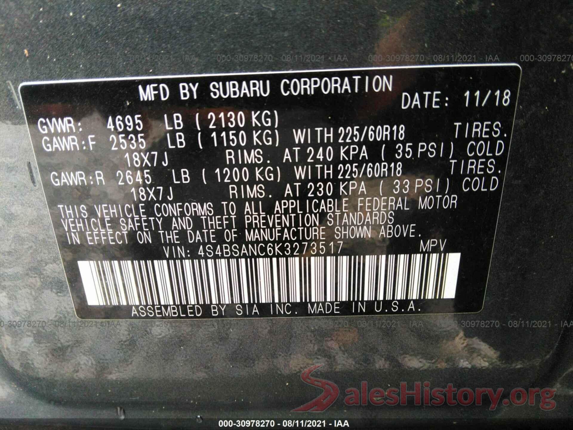 4S4BSANC6K3273517 2019 SUBARU OUTBACK