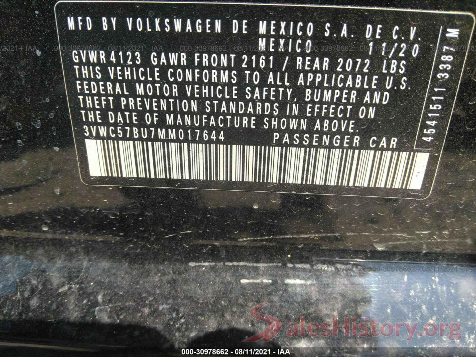 3VWC57BU7MM017644 2021 VOLKSWAGEN JETTA