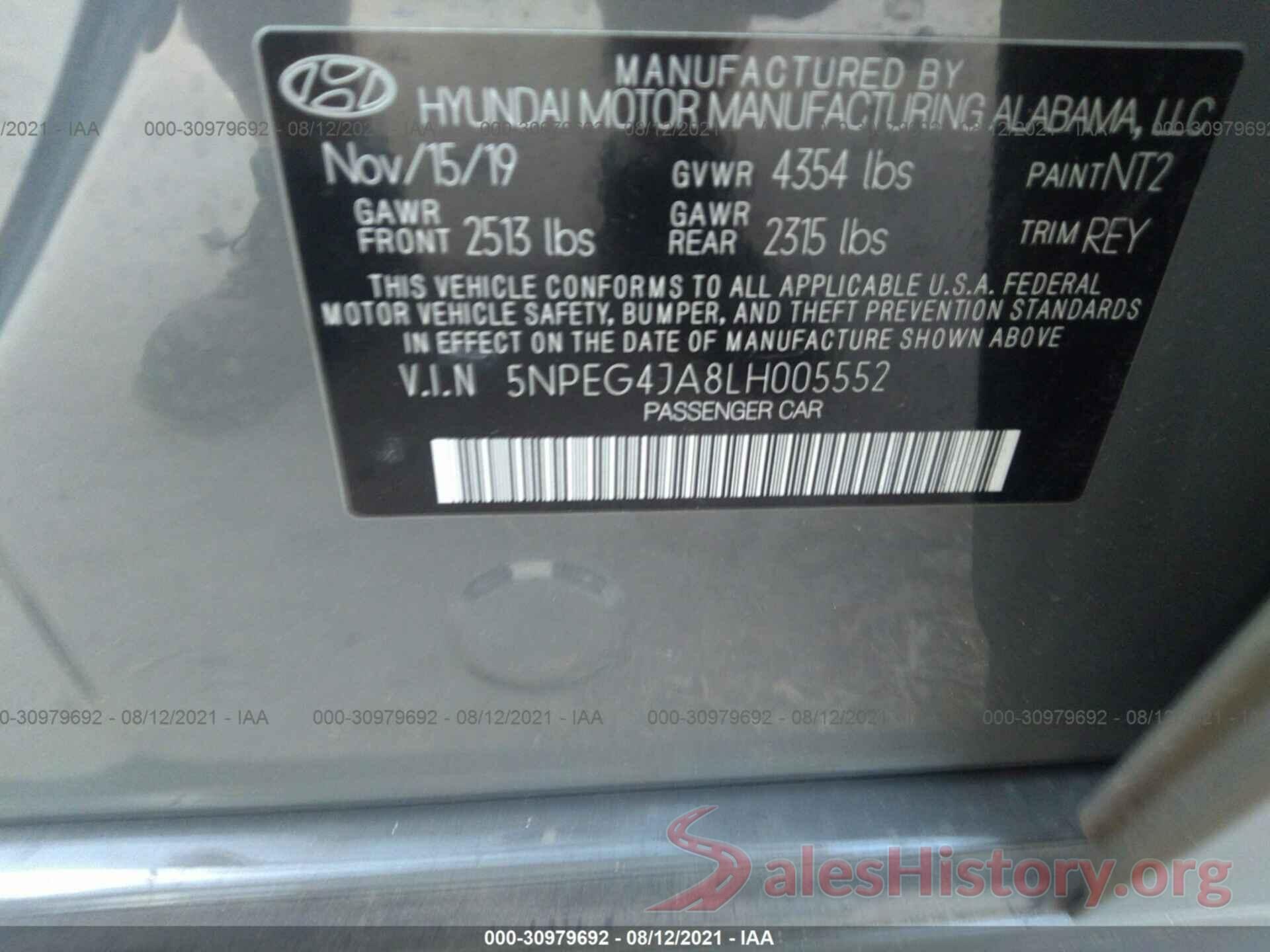 5NPEG4JA8LH005552 2020 HYUNDAI SONATA