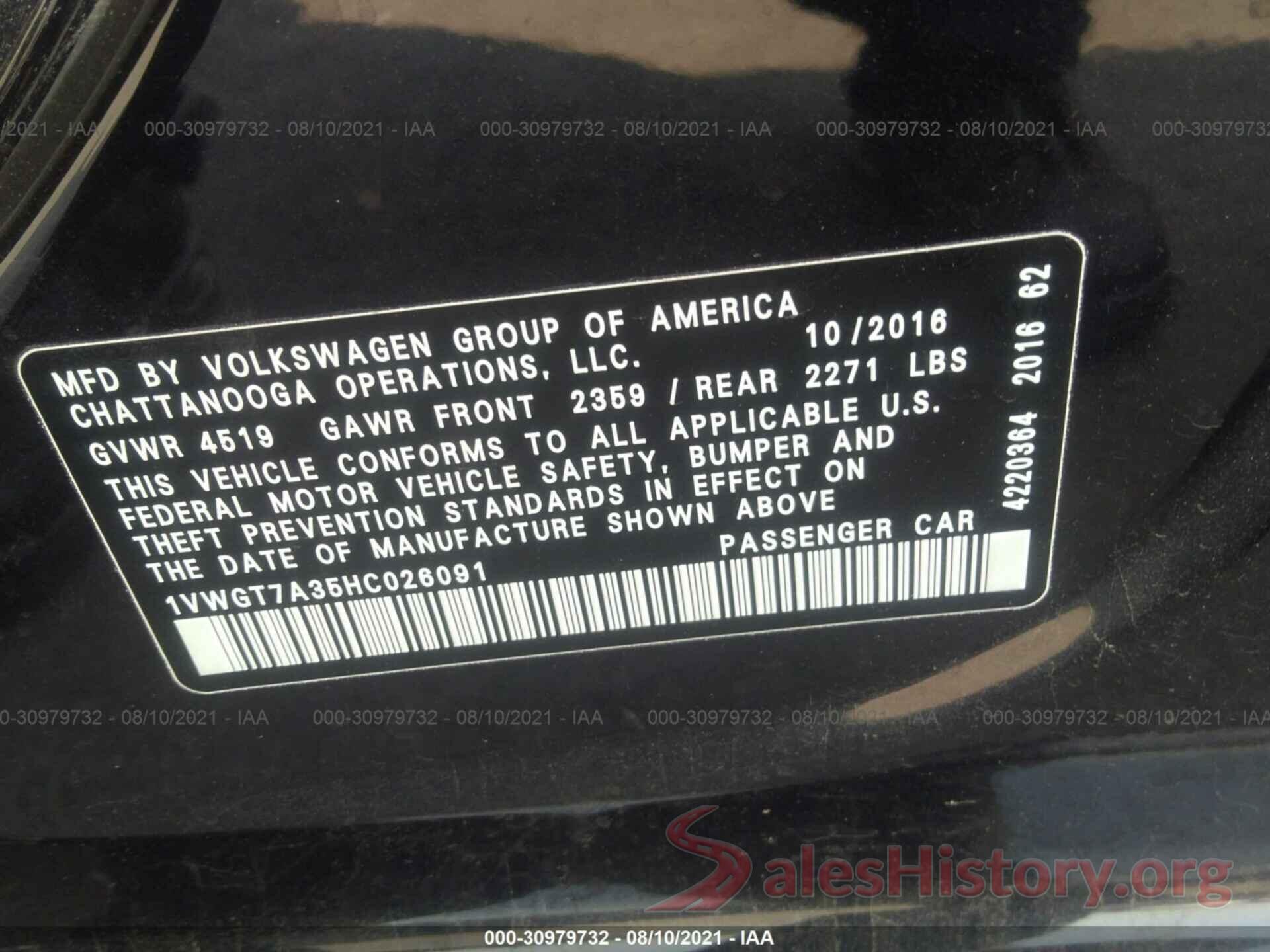 1VWGT7A35HC026091 2017 VOLKSWAGEN PASSAT