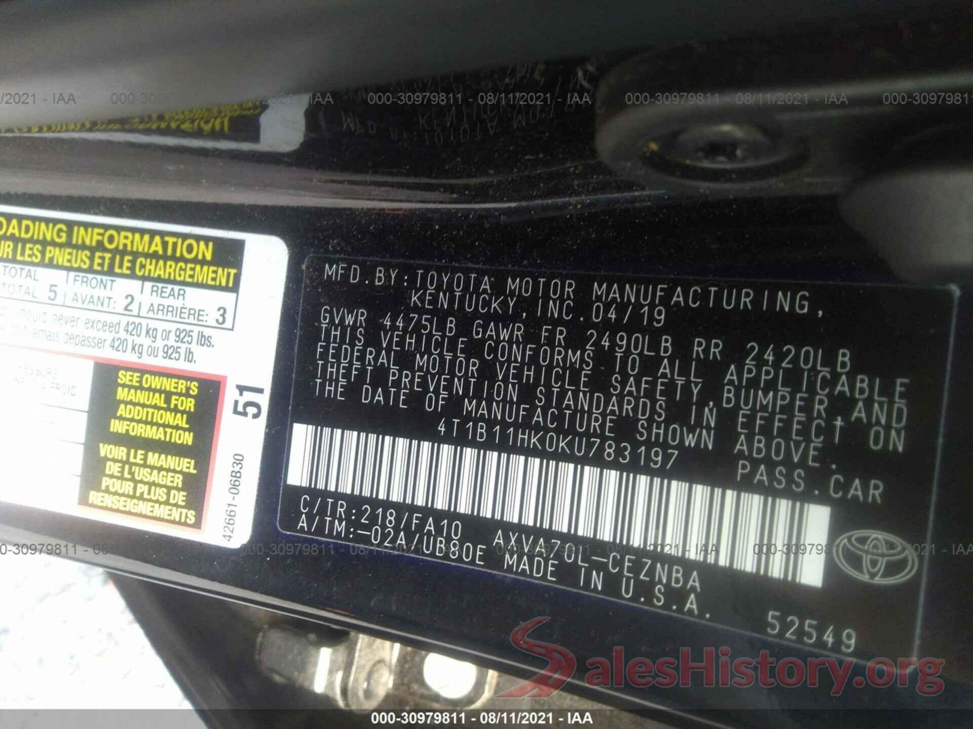 4T1B11HK0KU783197 2019 TOYOTA CAMRY