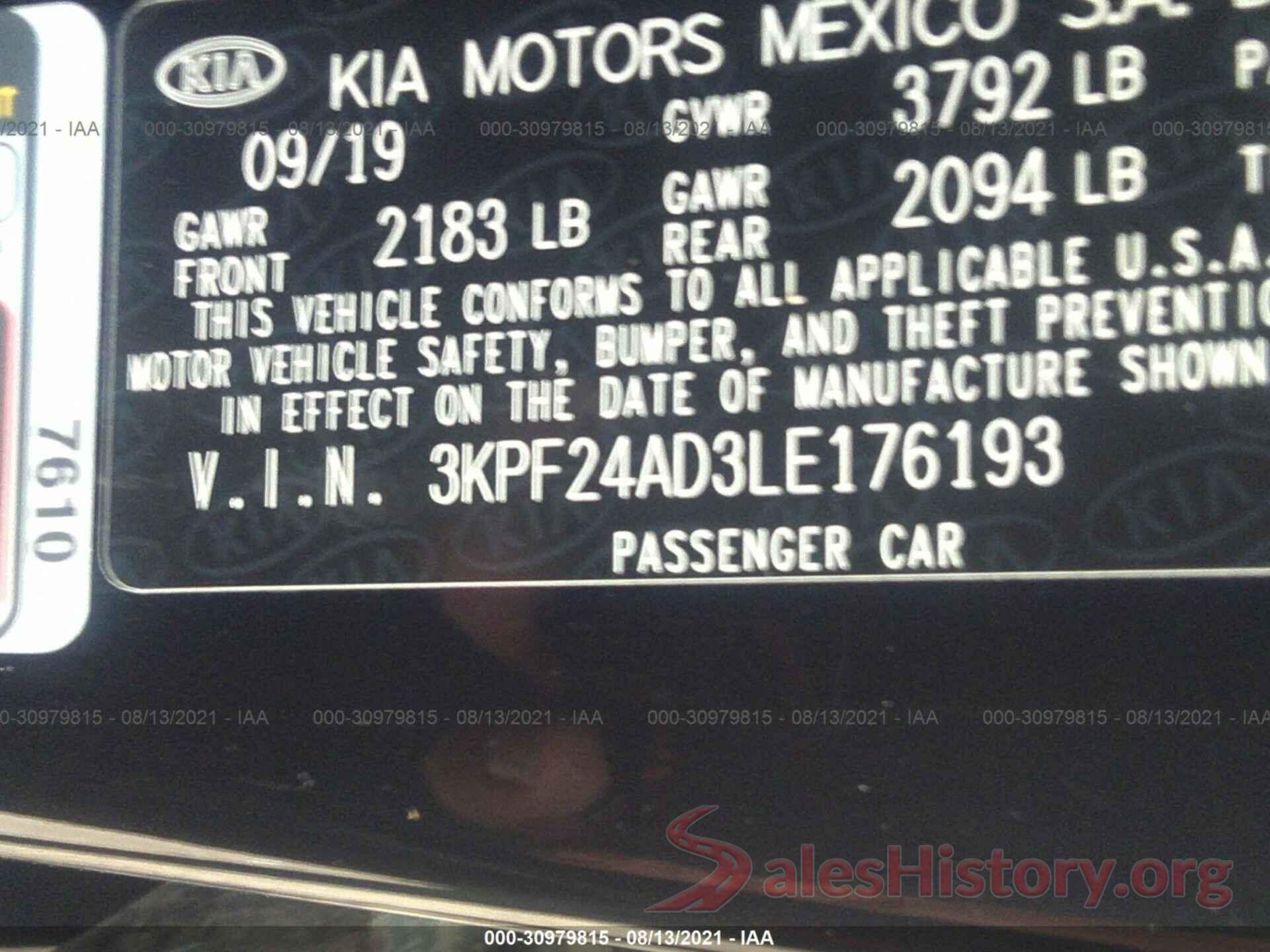 3KPF24AD3LE176193 2020 KIA FORTE