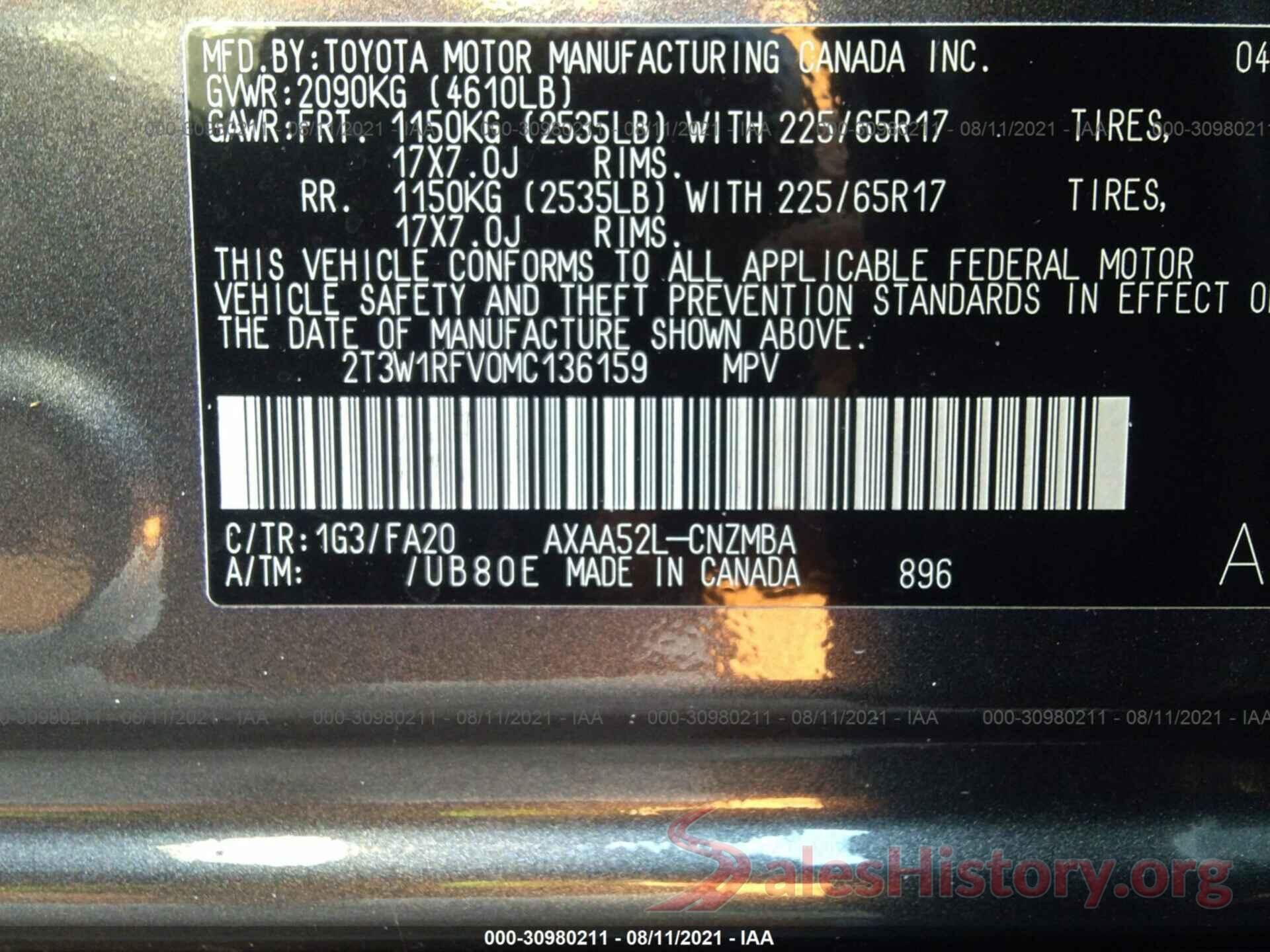 2T3W1RFV0MC136159 2021 TOYOTA RAV4