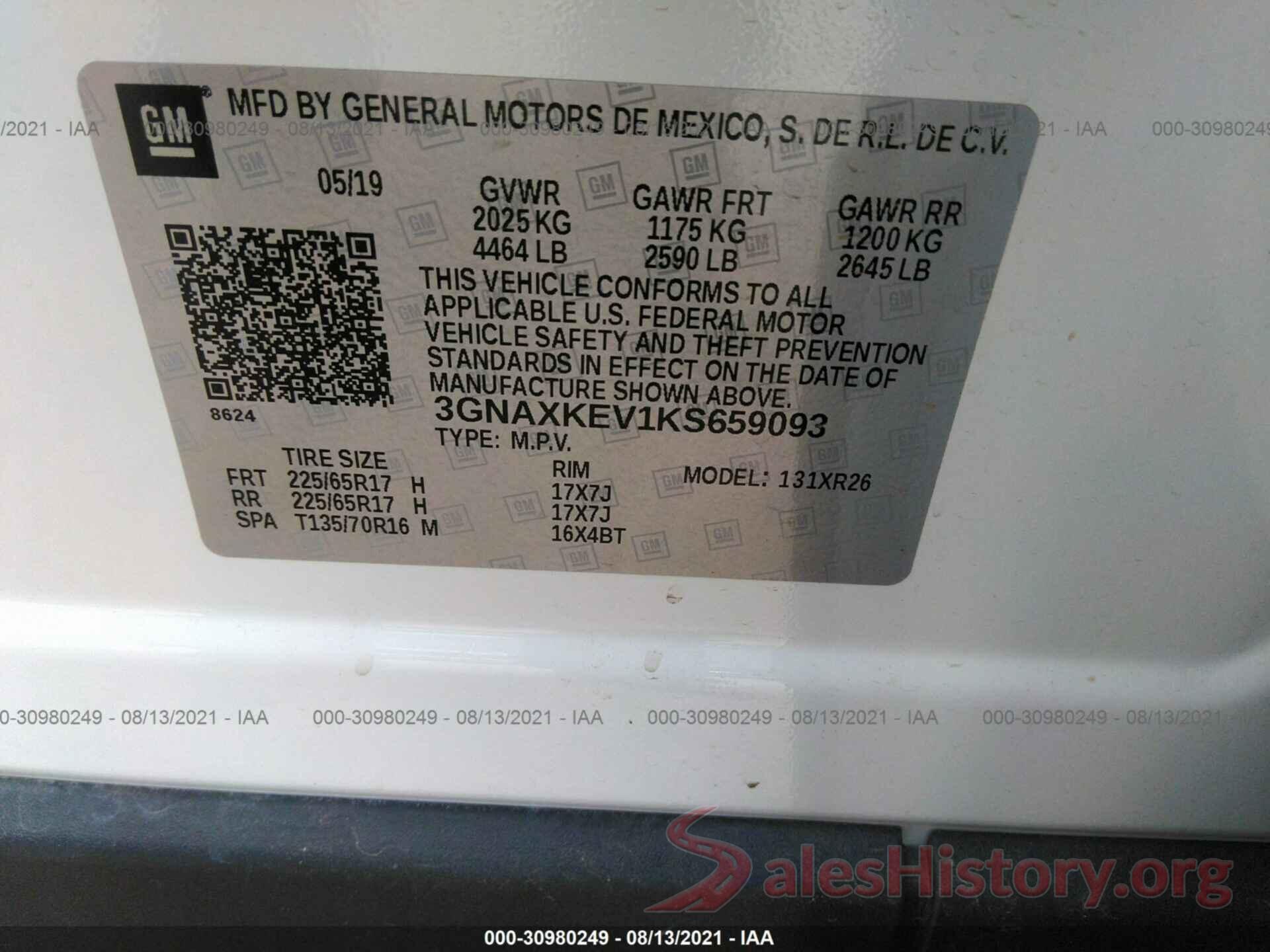 3GNAXKEV1KS659093 2019 CHEVROLET EQUINOX